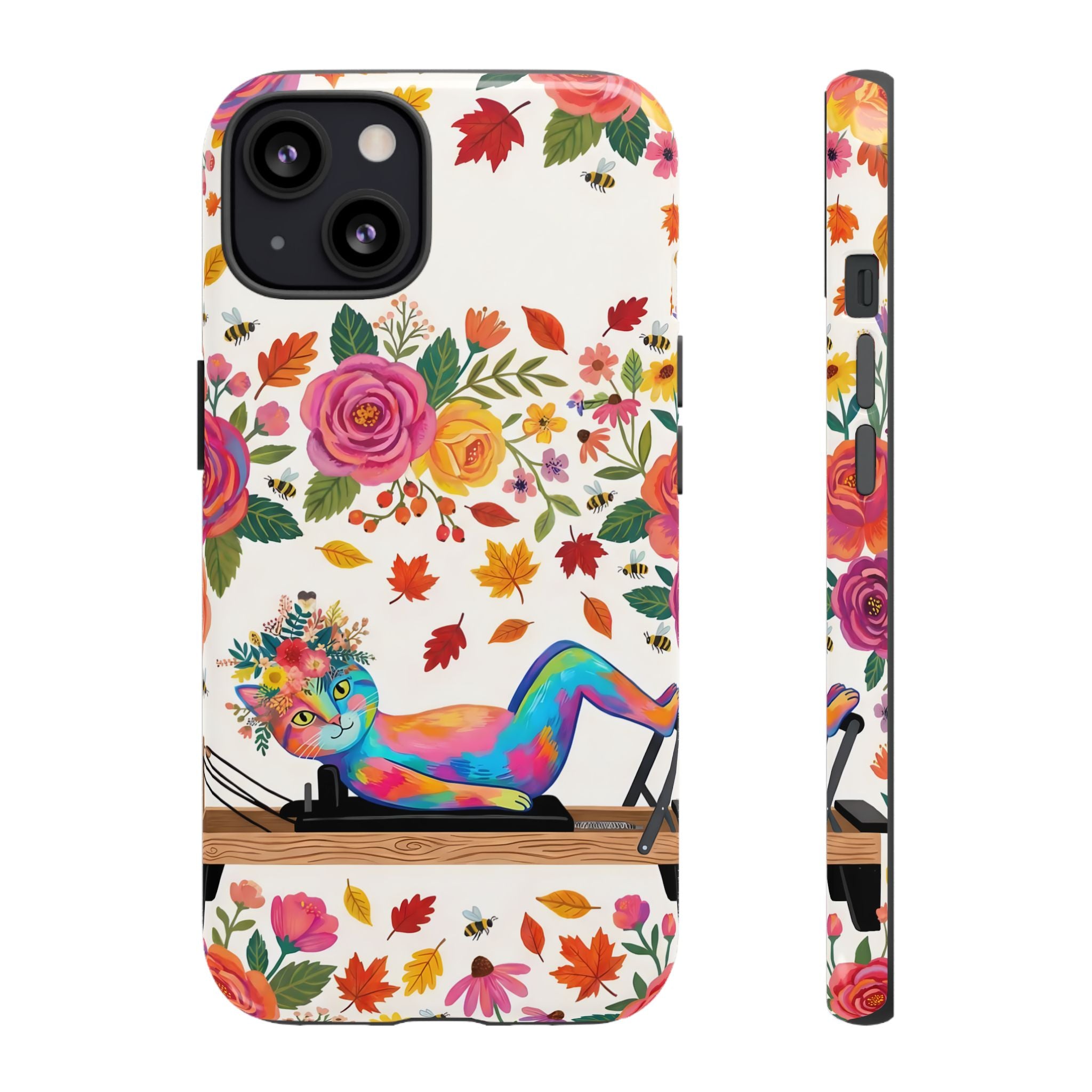 Autumn Floral Pilates iPhone Case | Colorful Rainbow Pilates Cat on Falling Leaves