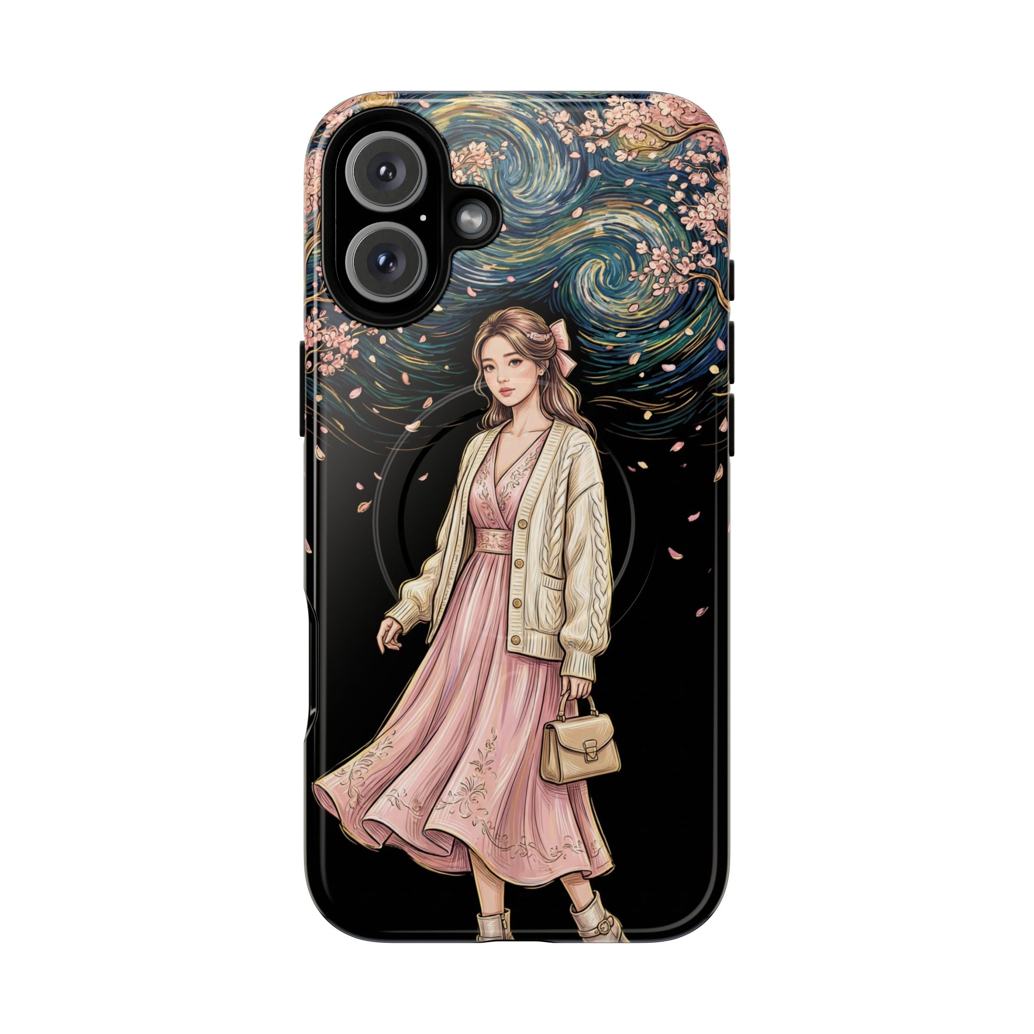 Floral Starry Night MagSafe iPhone Case | Elegant Girl in Pink Dress