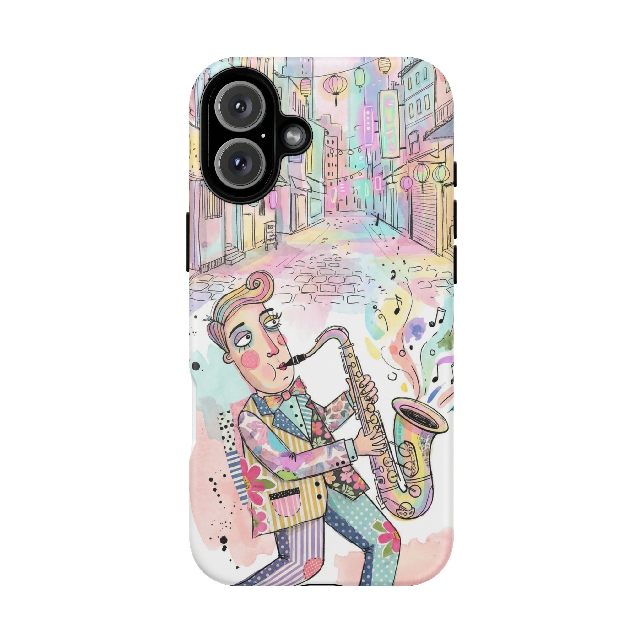 Sax Player Art iPhone Case | Pastel Jazz Street Illustration