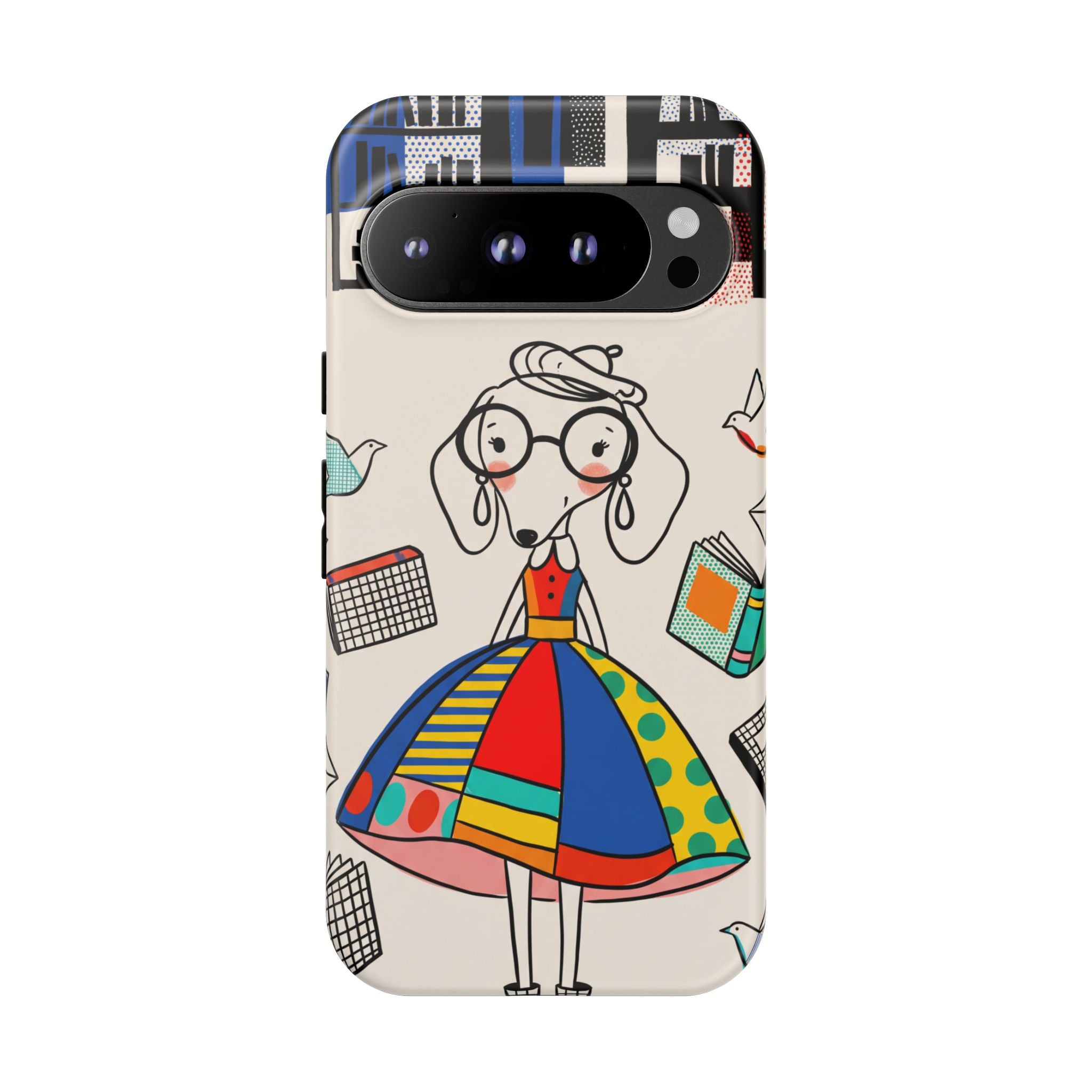 Cute Dachshund Dog Illustration Google Pixel Phone Case | Colorful Whimsical Book & Bird Design