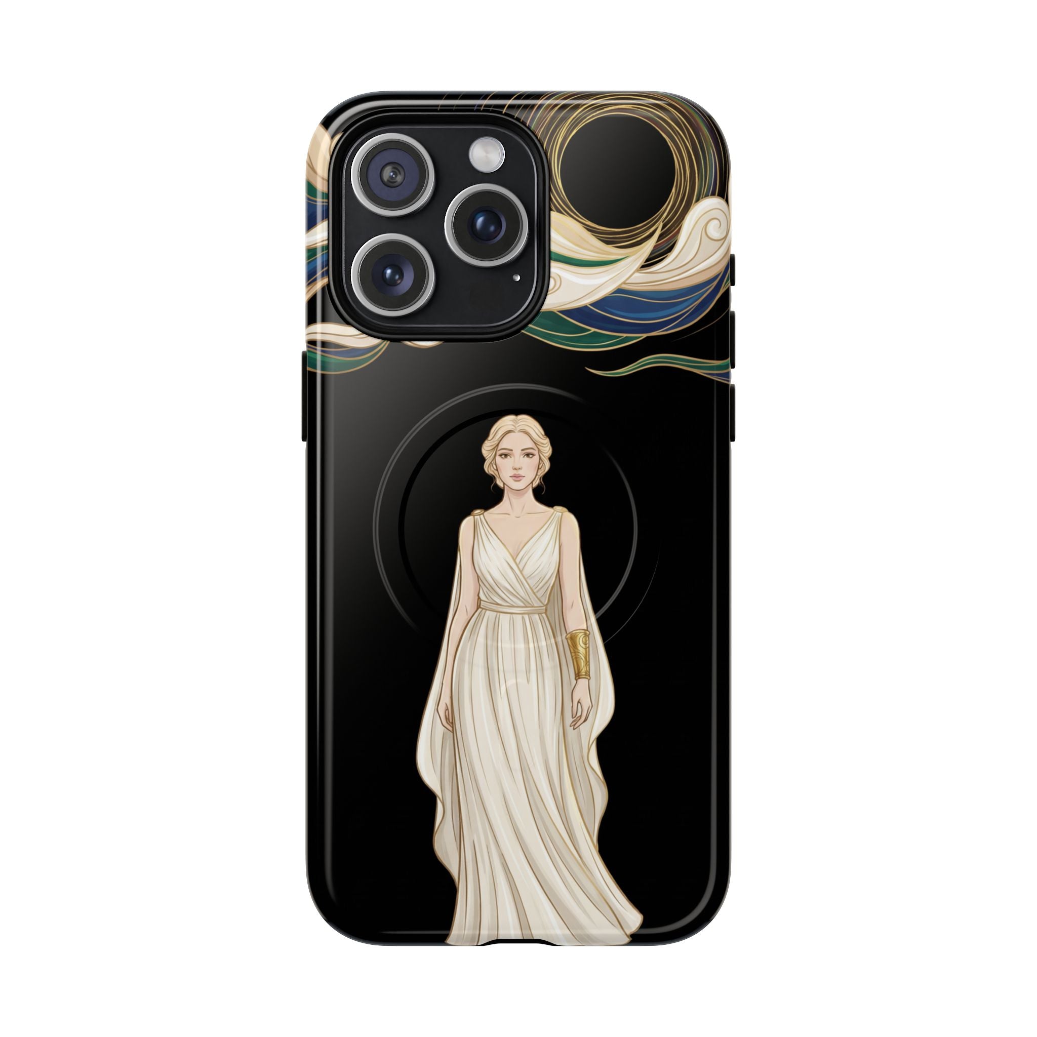 Art Nouveau Goddess MagSafe iPhone Case | Elegant Woman Illustration on Black