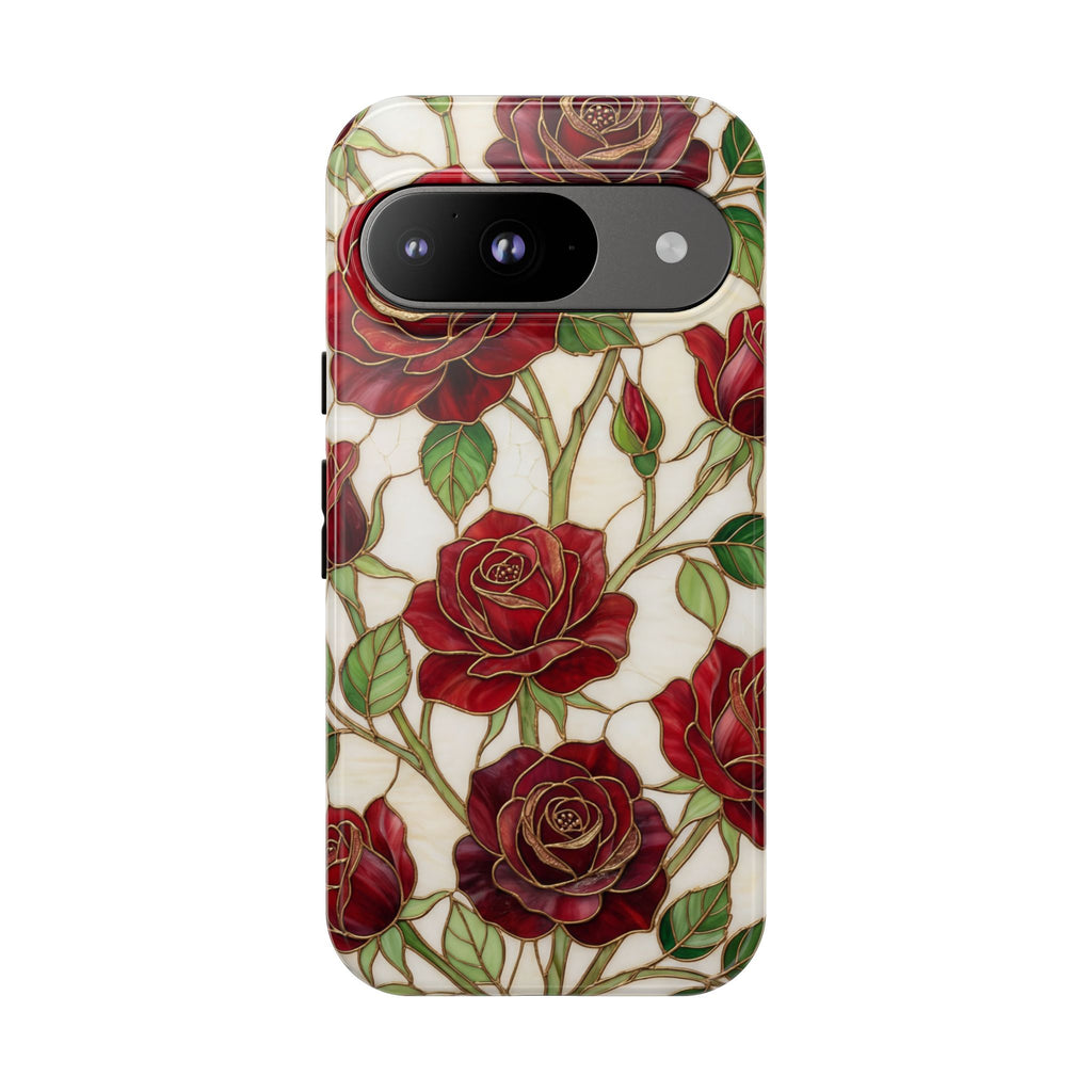 Custodia rigida per Google Pixel con motivo floreale vintage a rosa rossa