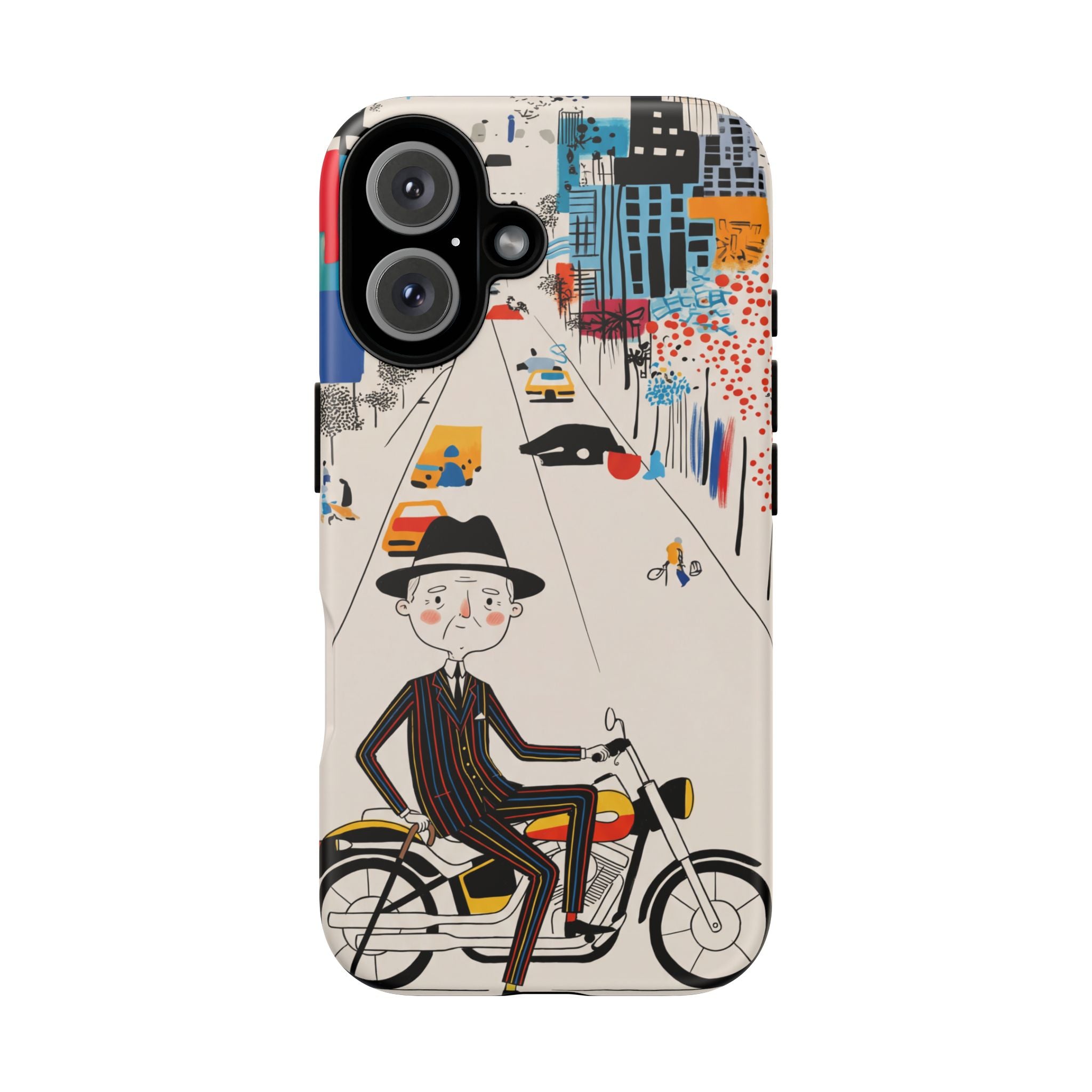 Vintage Grandpa Rider Motorcycle iPhone Case | Illustrated Cityscape