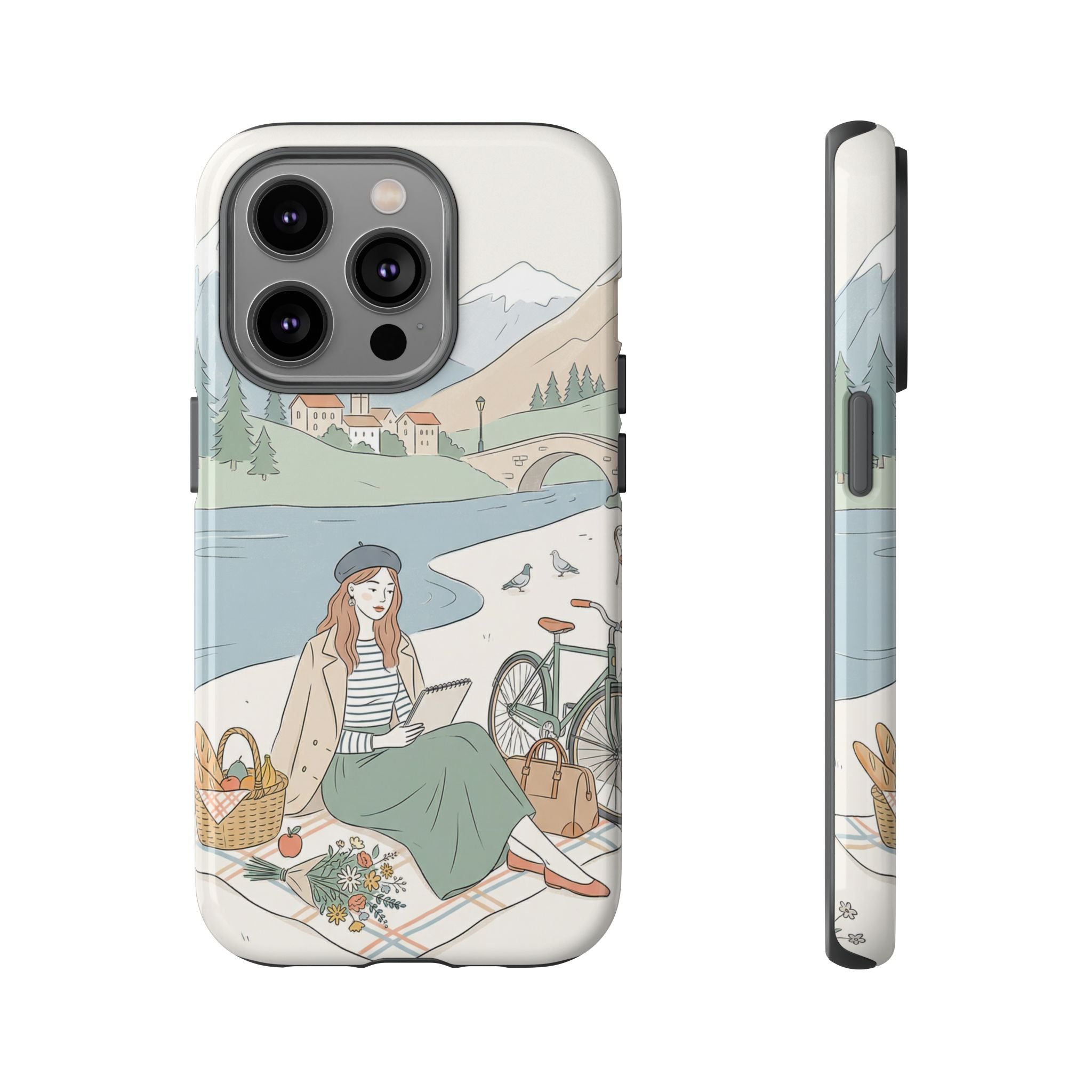 Scenic Picnic iPhone Case | Vintage Bicycle & Mountain Illustration