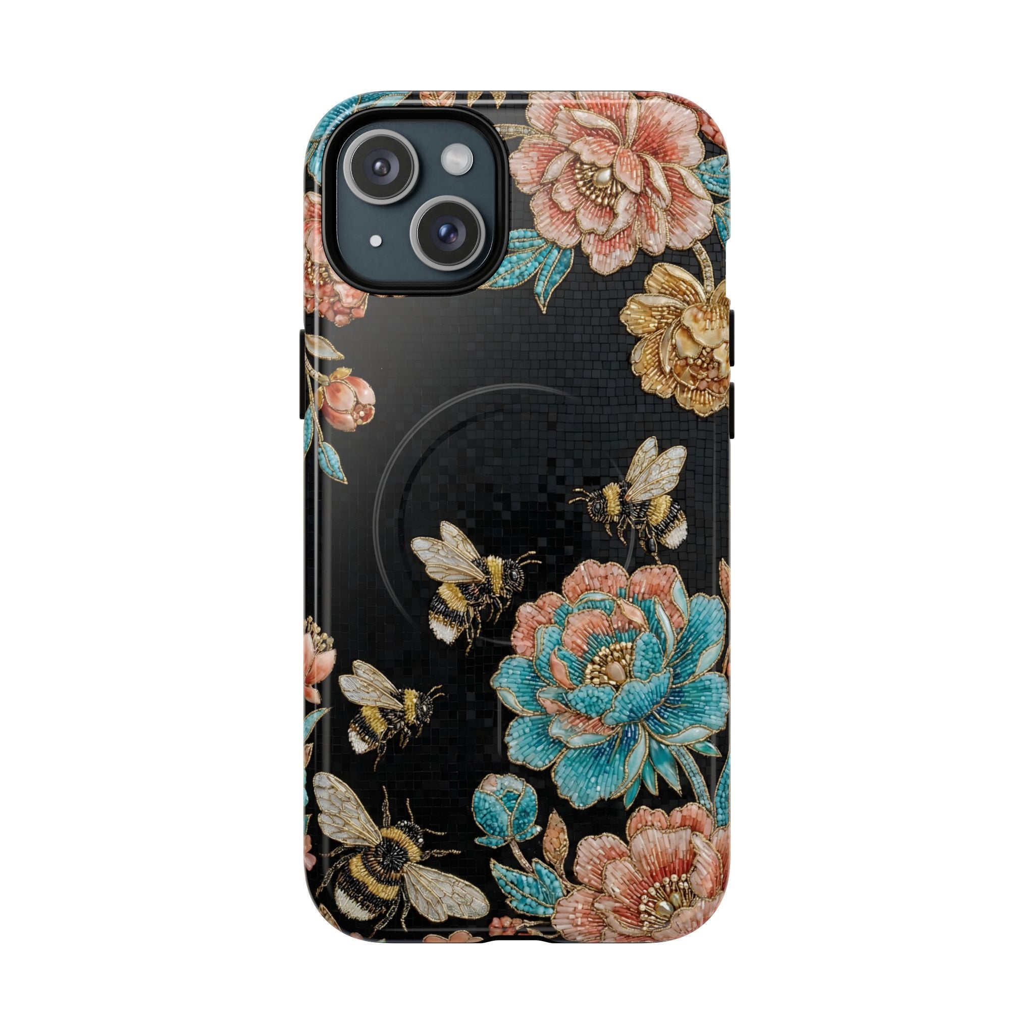 Floral Bees Tough MagSafe iPhone Case | Vintage Rose & Bumblebee Protective Cover