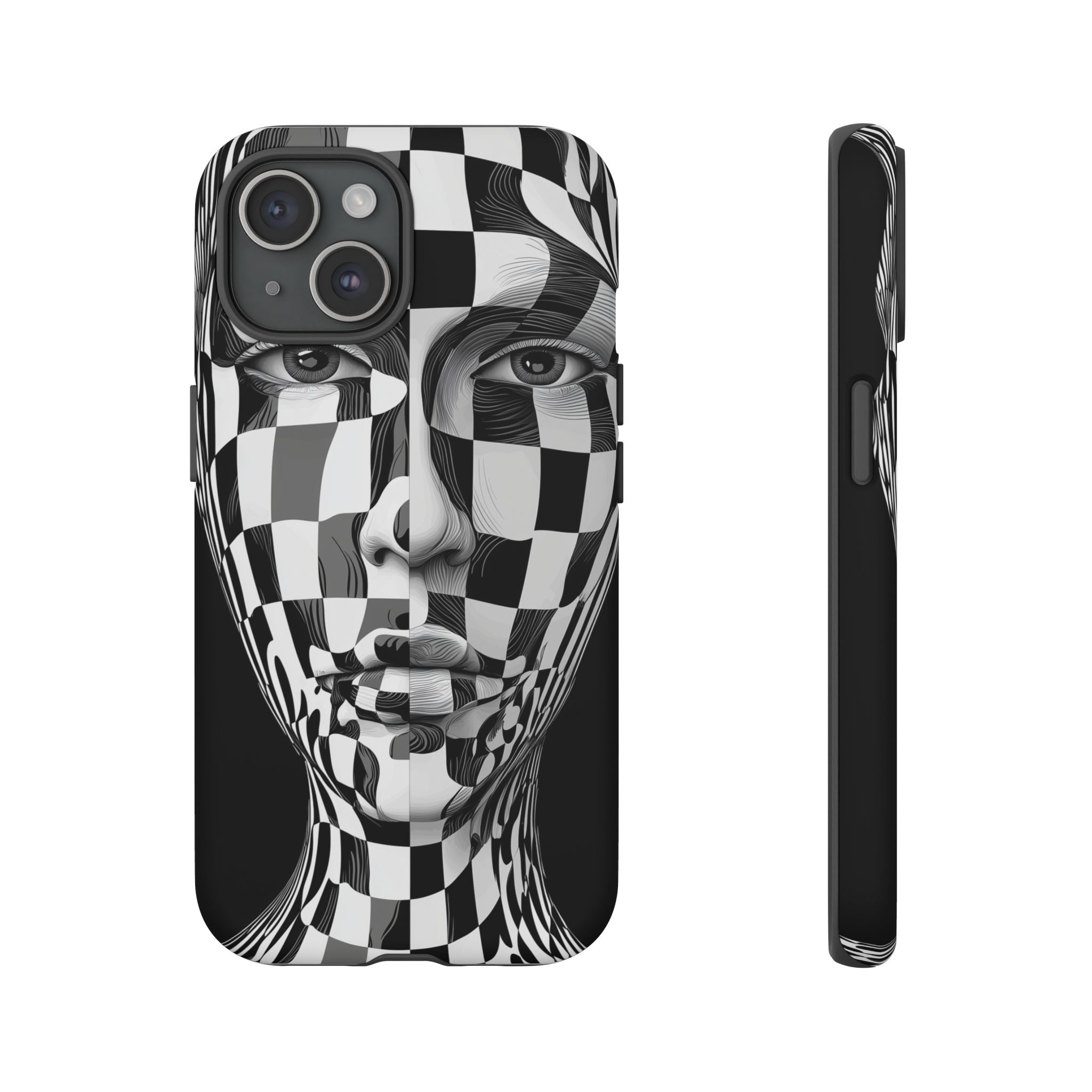 Checkerboard Face Tough iPhone Case — Black & White Surreal Art Protective Cover