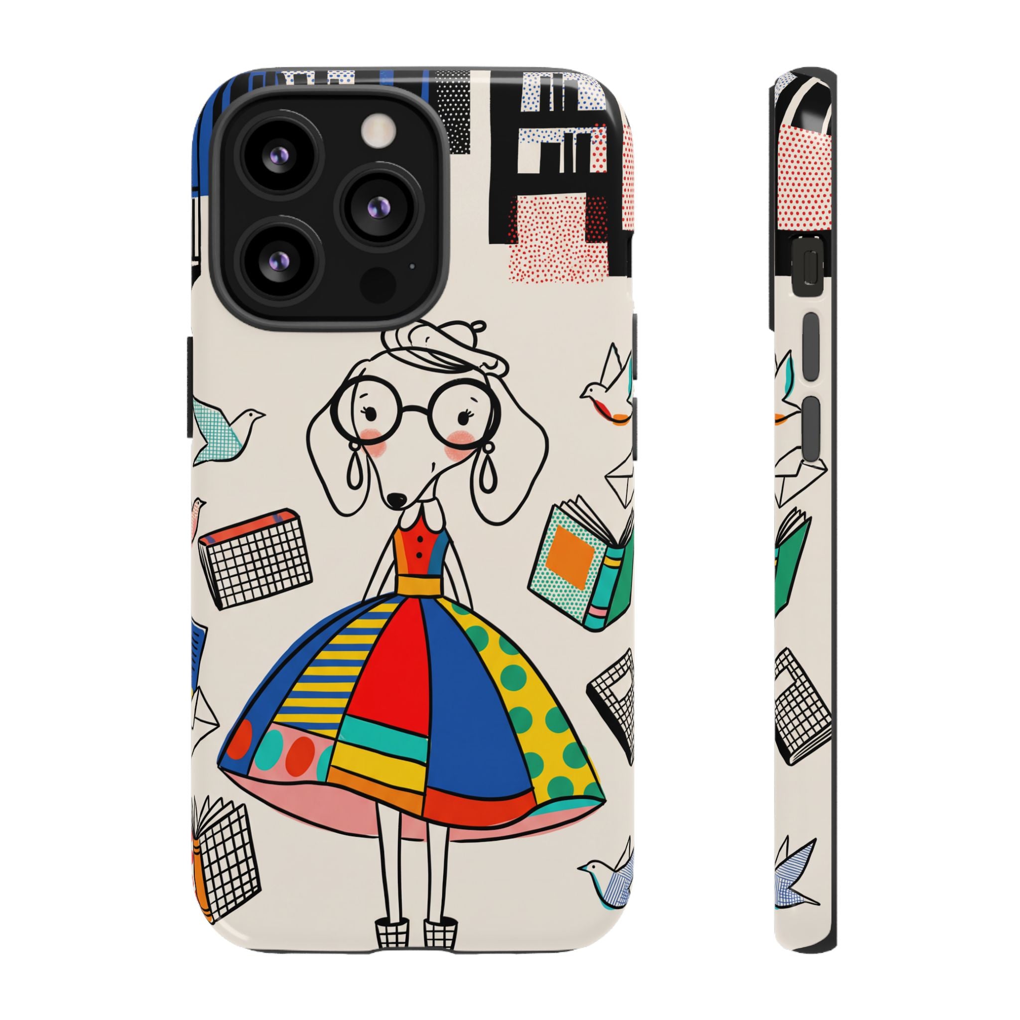 Cute Dachshund Dog Illustration iPhone Case | Colorful Whimsical Book & Bird Design