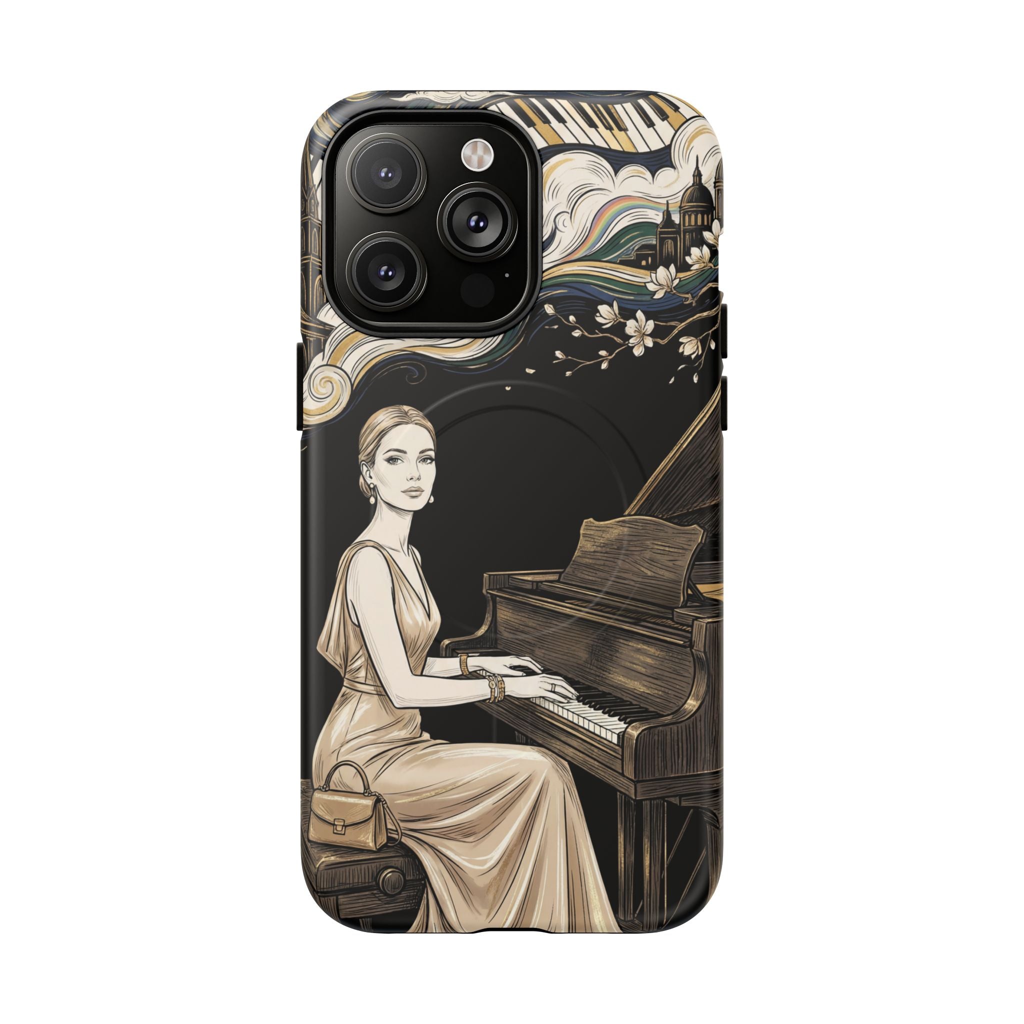 Elegant Piano Woman MagSafe iPhone Case | Vintage Art Deco Music Design