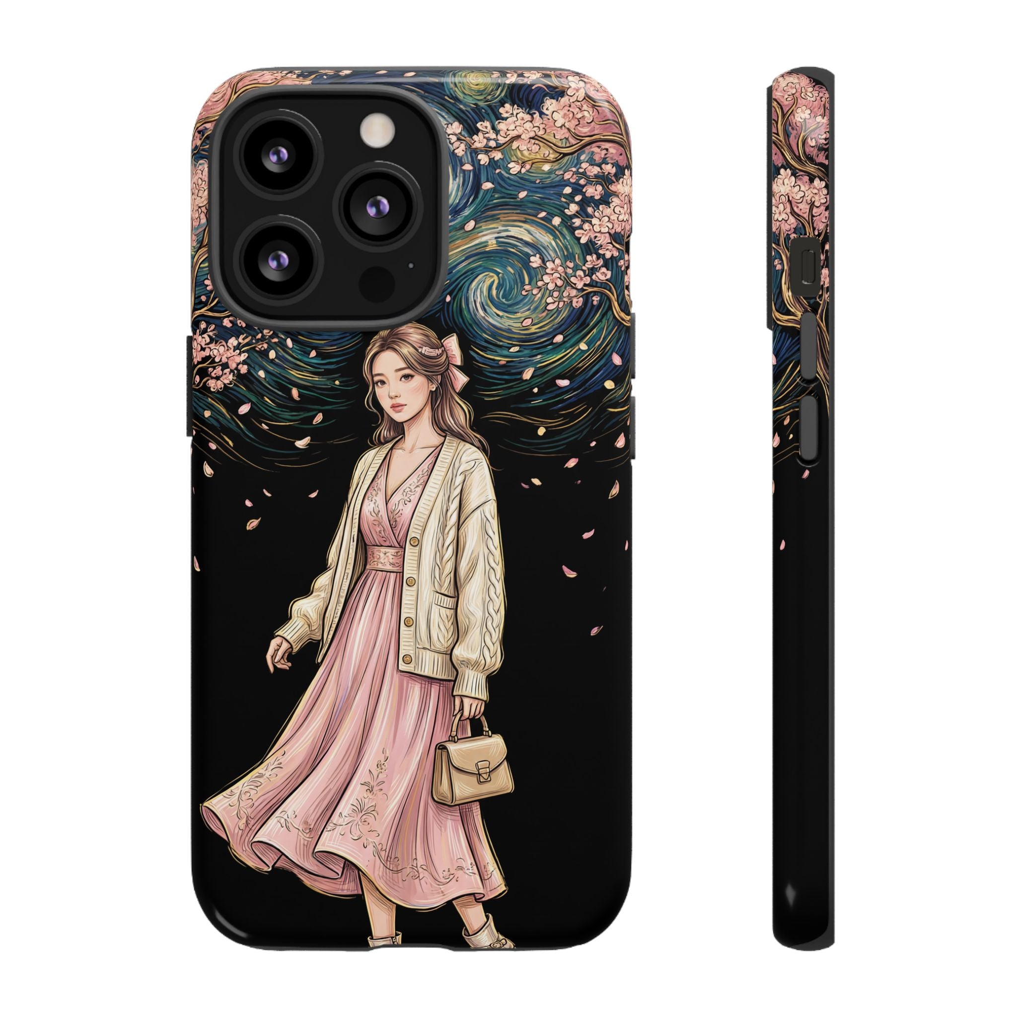 Floral Starry Night iPhone Case | Elegant Girl in Pink Dress