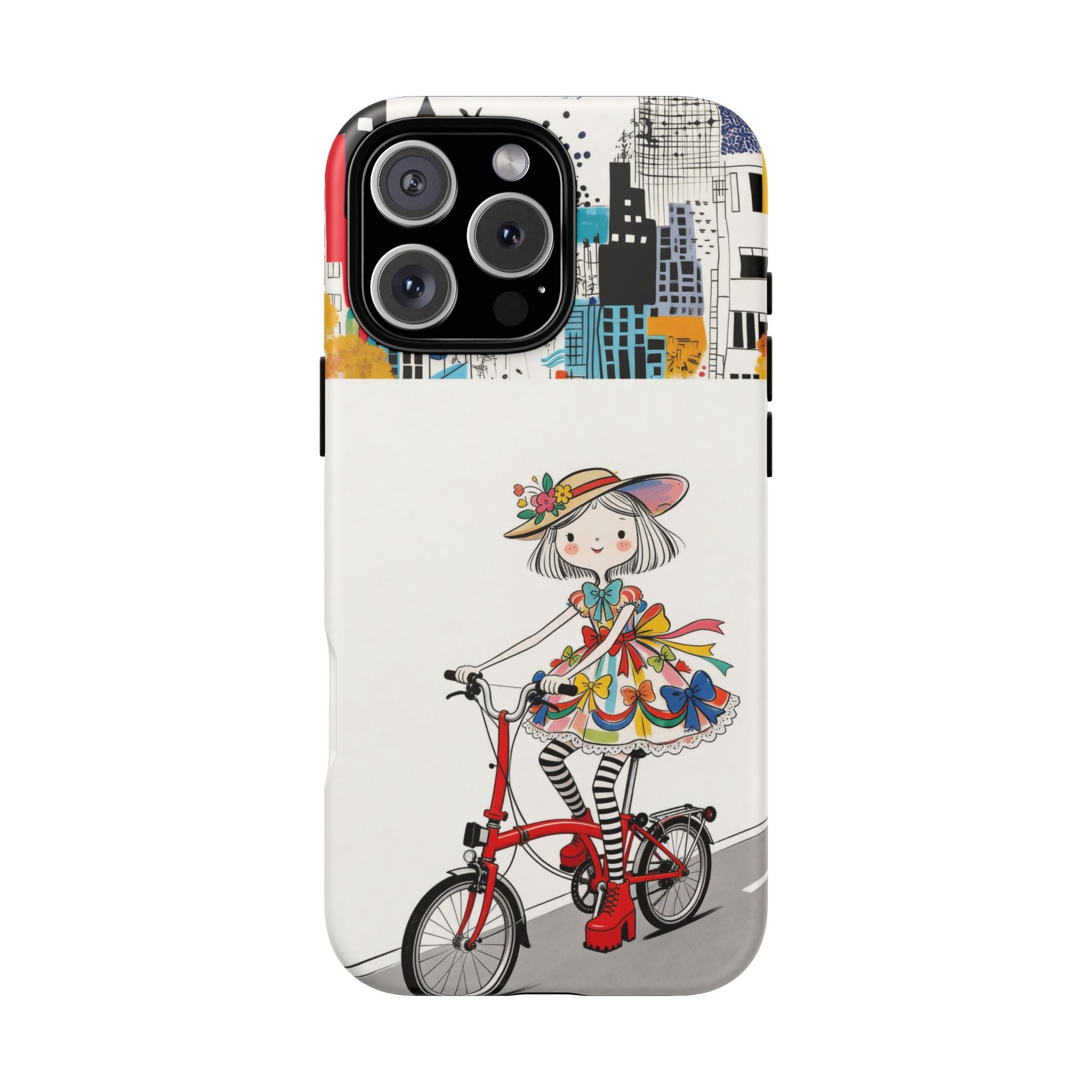 Whimsical Girl on Brompton Bicycle Urban Illustration iPhone Case