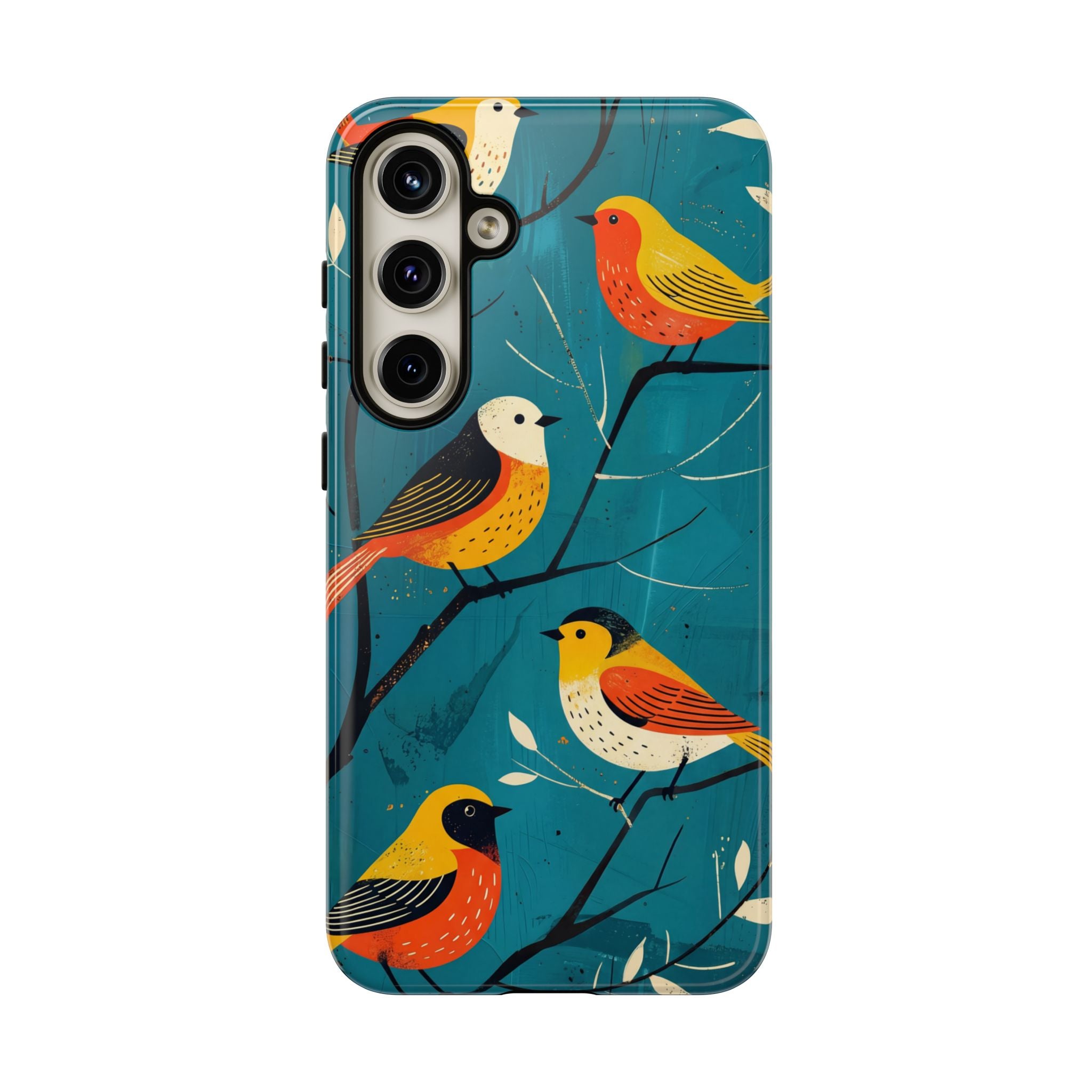 Bird Pattern Tough Samsung Galaxy Phone Case | Colourful Songbirds on Teal Background