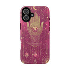 Mystic Hamsa iPhone Case | Gold Palm & All-Seeing Eye on Magenta Galaxy
