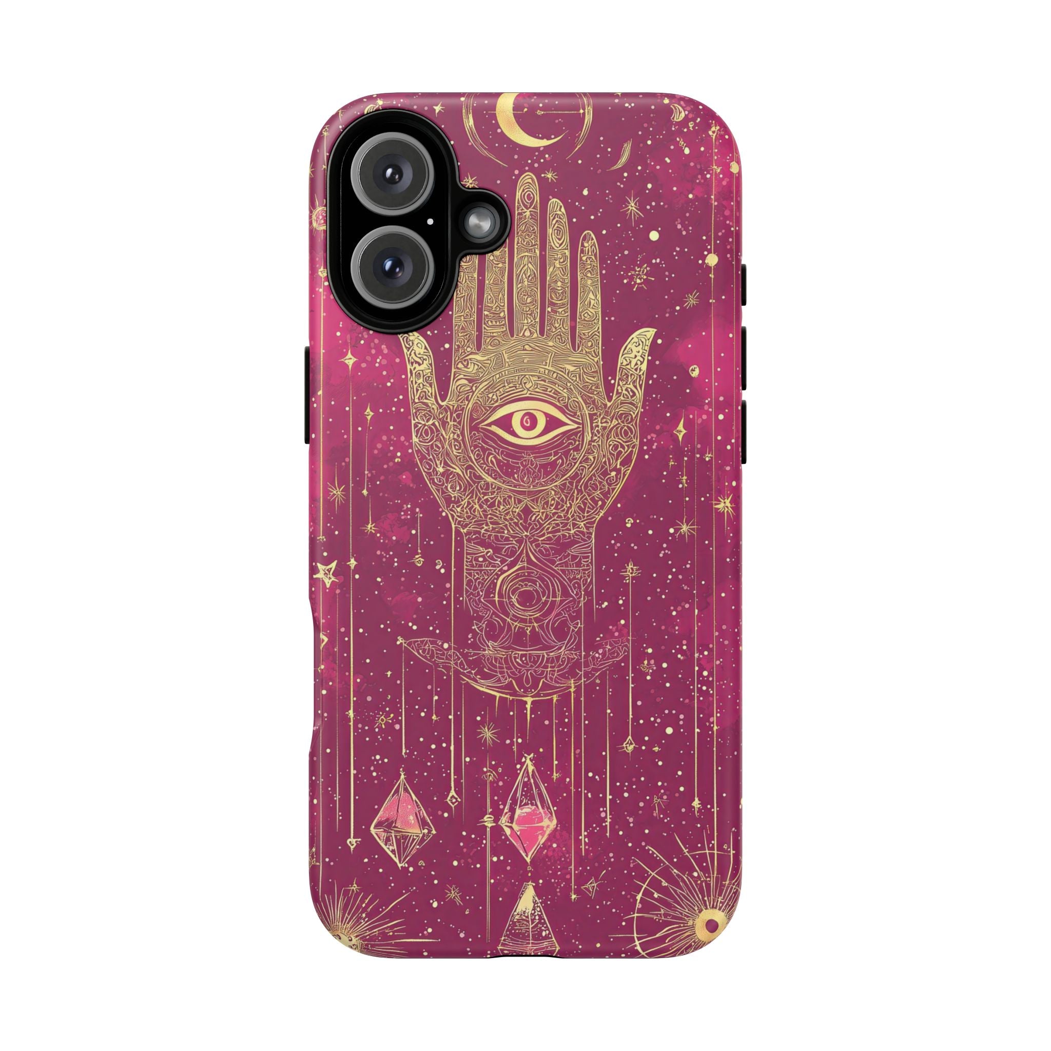 Mystic Hamsa iPhone Case | Gold Palm & All-Seeing Eye on Magenta Galaxy