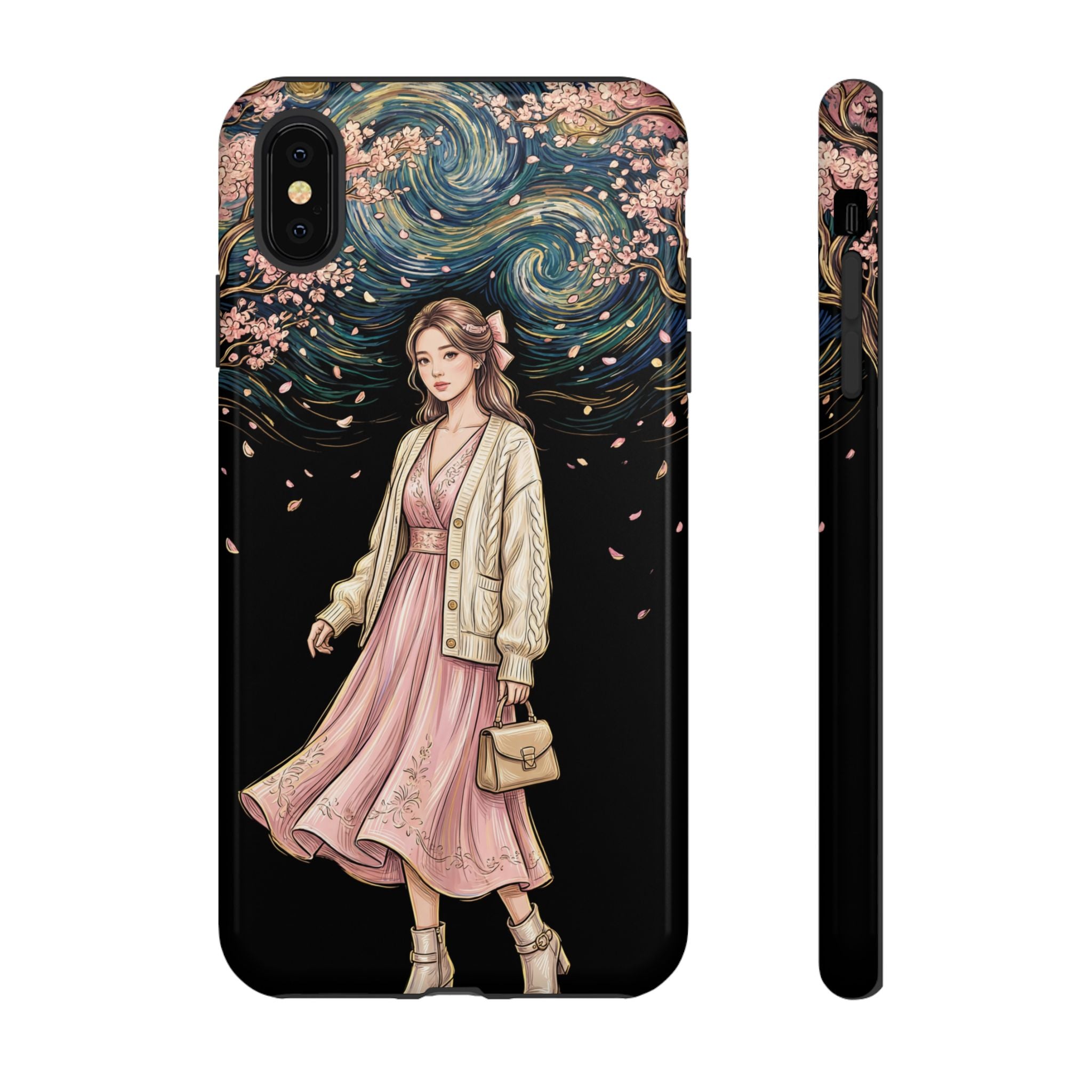 Floral Starry Night iPhone Case | Elegant Girl in Pink Dress