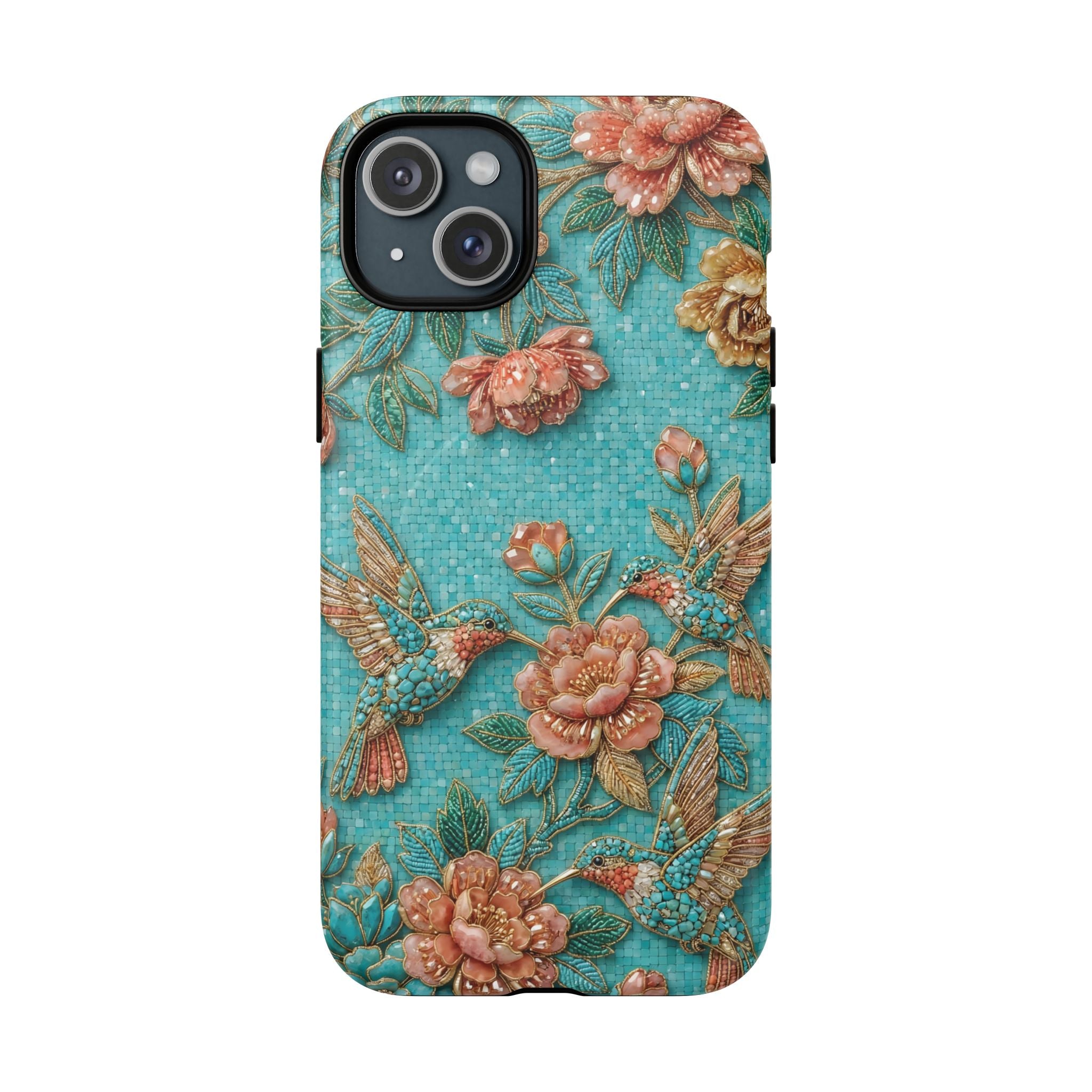 Floral Hummingbird Tough MagSafe iPhone Case | Turquoise Embroidered Garden Design