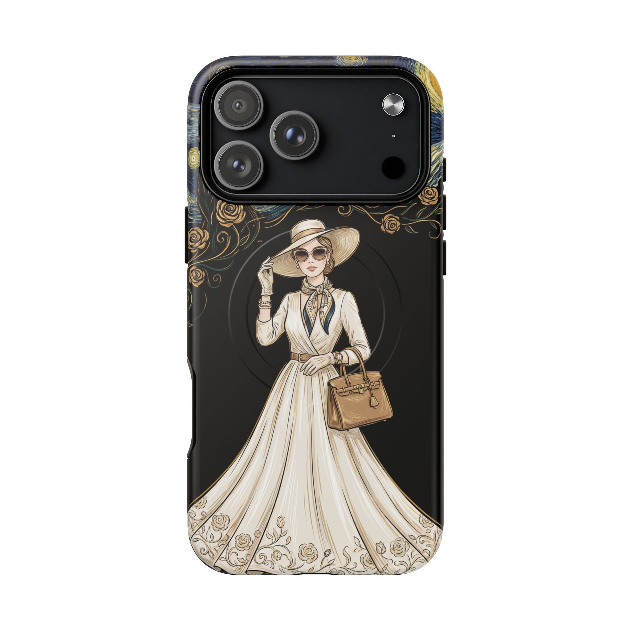 Vintage Starry Night Fashion MagSafe iPhone Case | Elegant Lady in White Dress