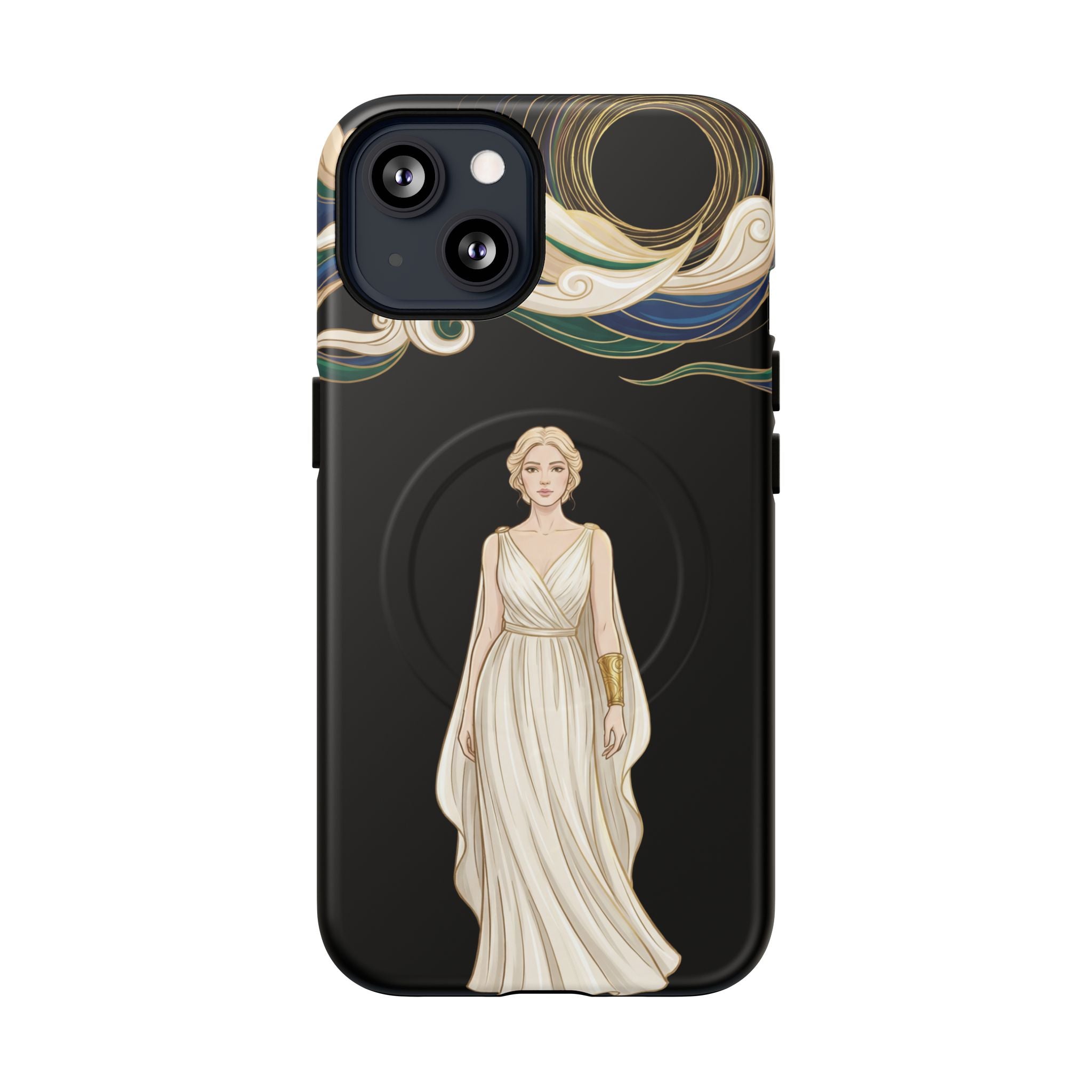 Art Nouveau Goddess MagSafe iPhone Case | Elegant Woman Illustration on Black