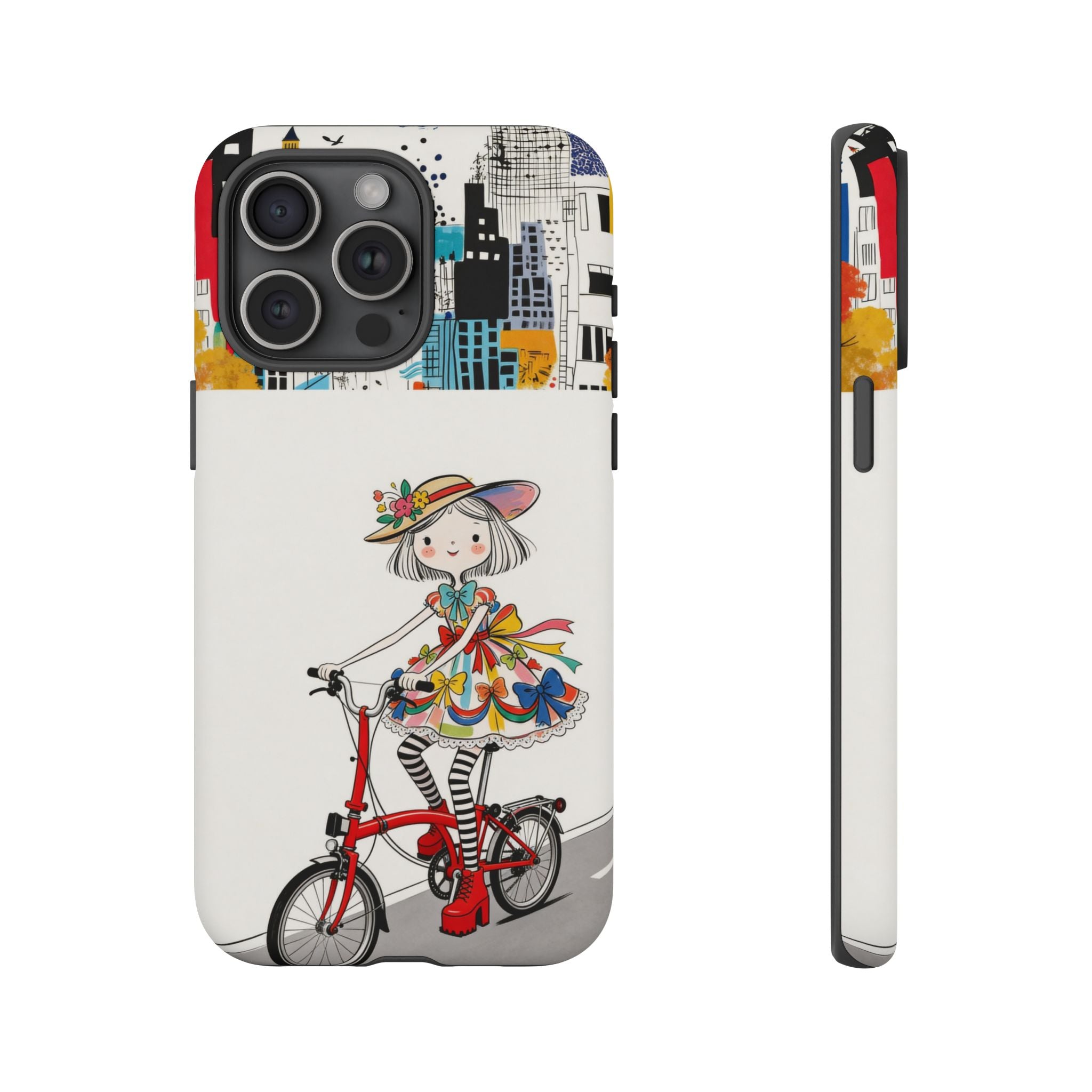 Whimsical Girl on Brompton Bicycle Urban Illustration iPhone Case