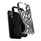 Checkerboard Face Tough iPhone Case — Black & White Surreal Art Protective Cover