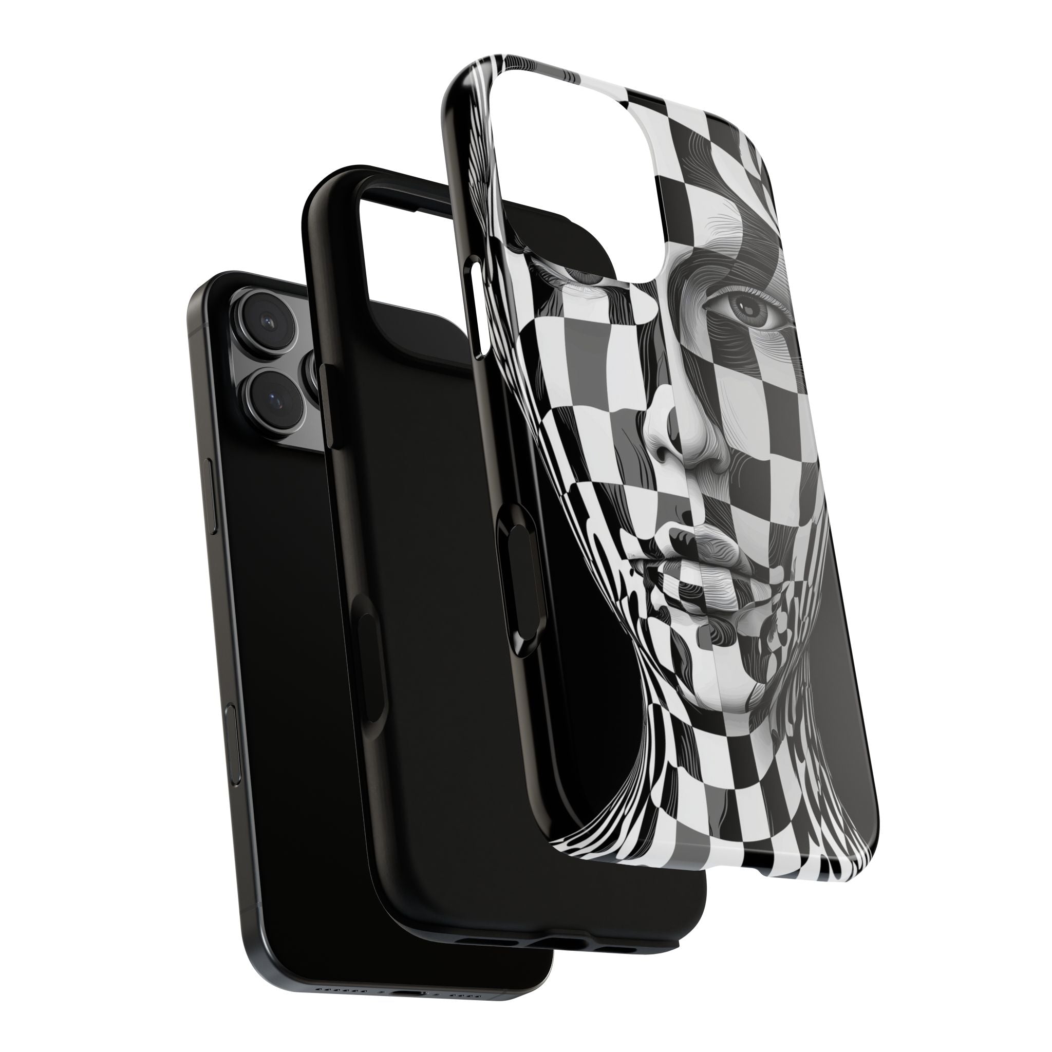Checkerboard Face Tough iPhone Case — Black & White Surreal Art Protective Cover