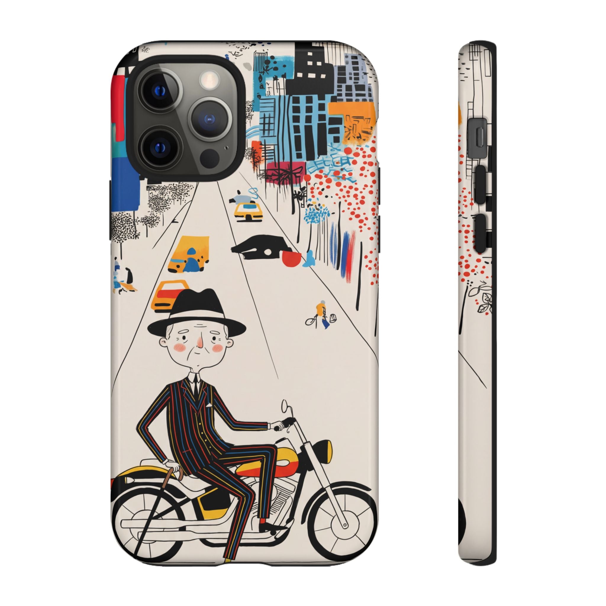 Vintage Grandpa Rider Motorcycle iPhone Case | Illustrated Cityscape