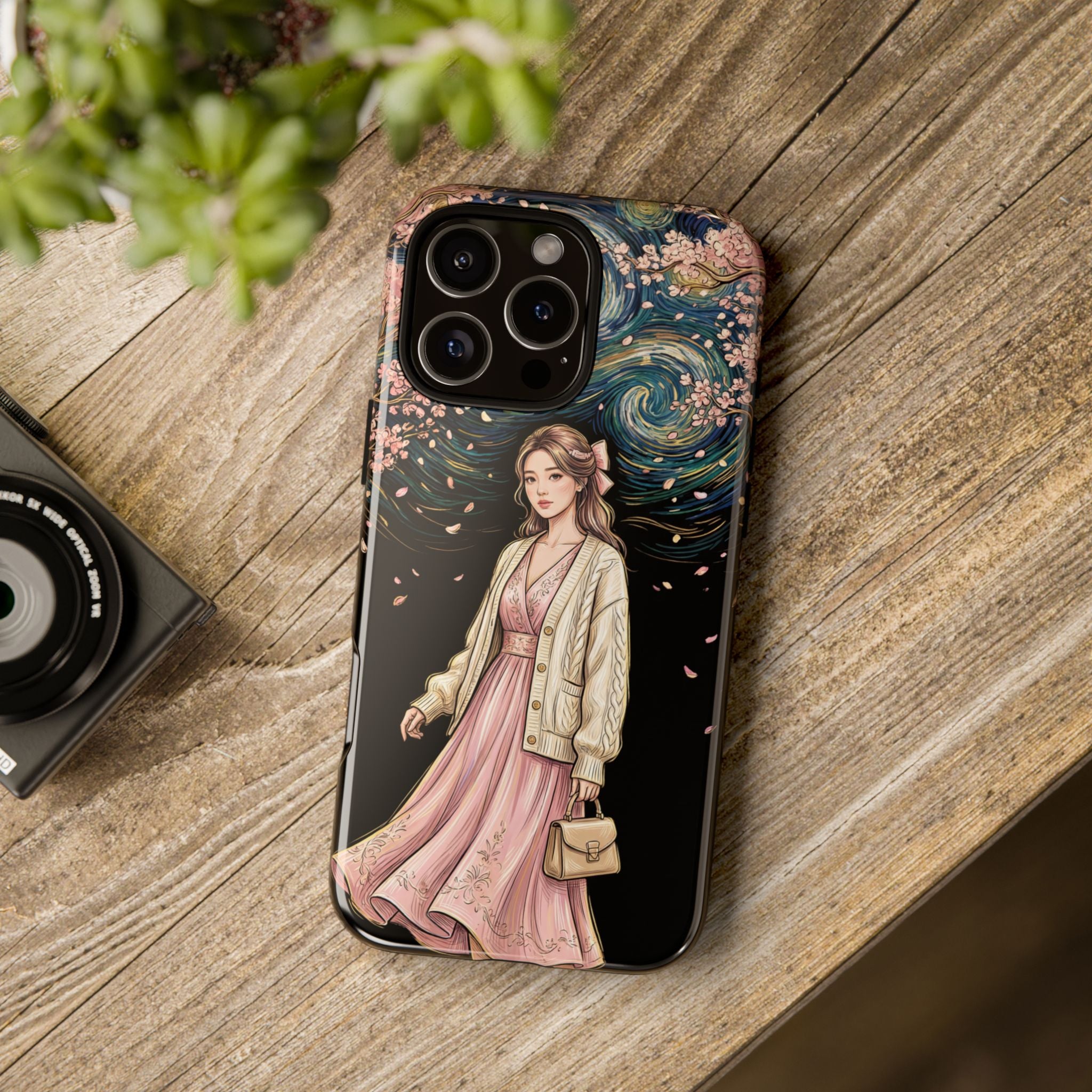 Floral Starry Night iPhone Case | Elegant Girl in Pink Dress