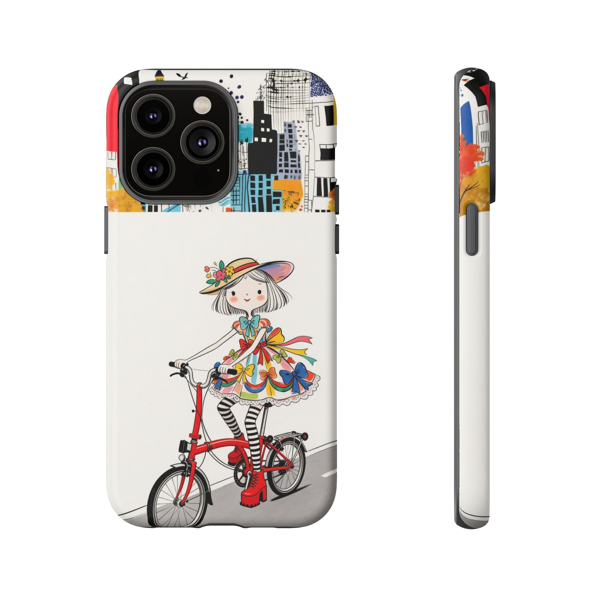 Whimsical Girl on Brompton Bicycle Urban Illustration iPhone Case