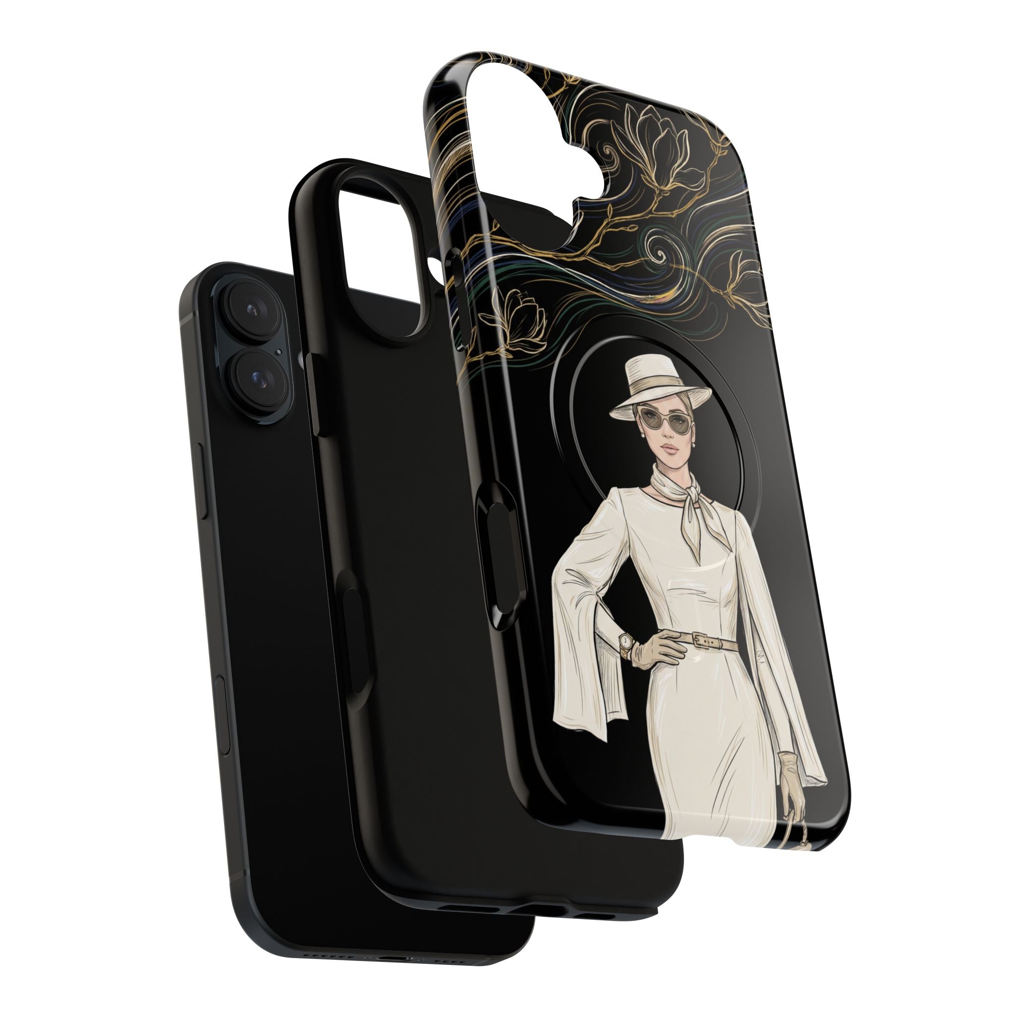 MagSafe iPhone Case | Elegant Vintage Lady with Gold Floral Swirls