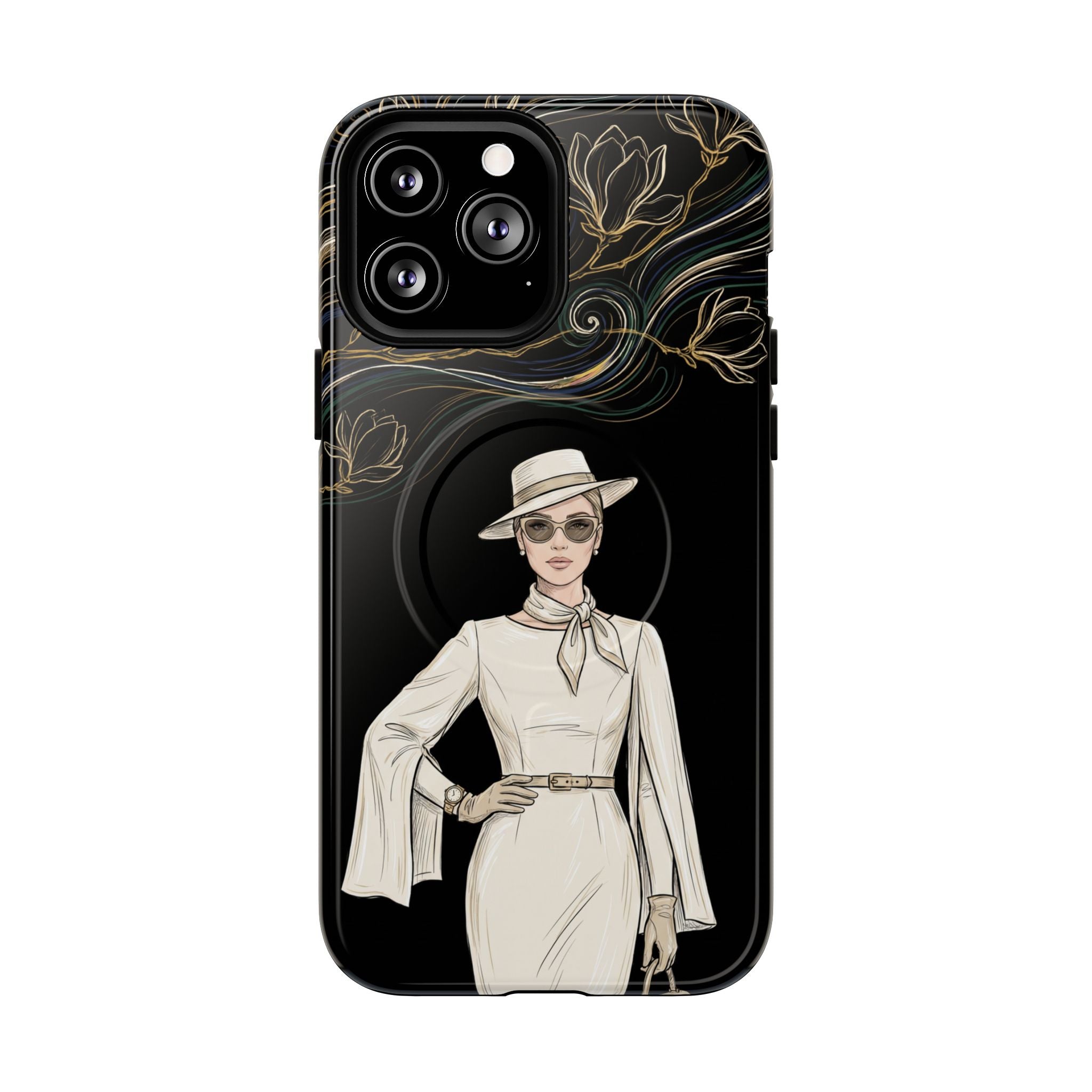 MagSafe iPhone Case | Elegant Vintage Lady with Gold Floral Swirls