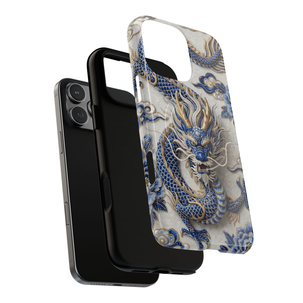 Custodia MagSafe per iPhone Drago Zodiaco Asiatico | Lussuosa Custodia Protettiva in Porcellana Blu e Bianca | Regalo Anno del Drago