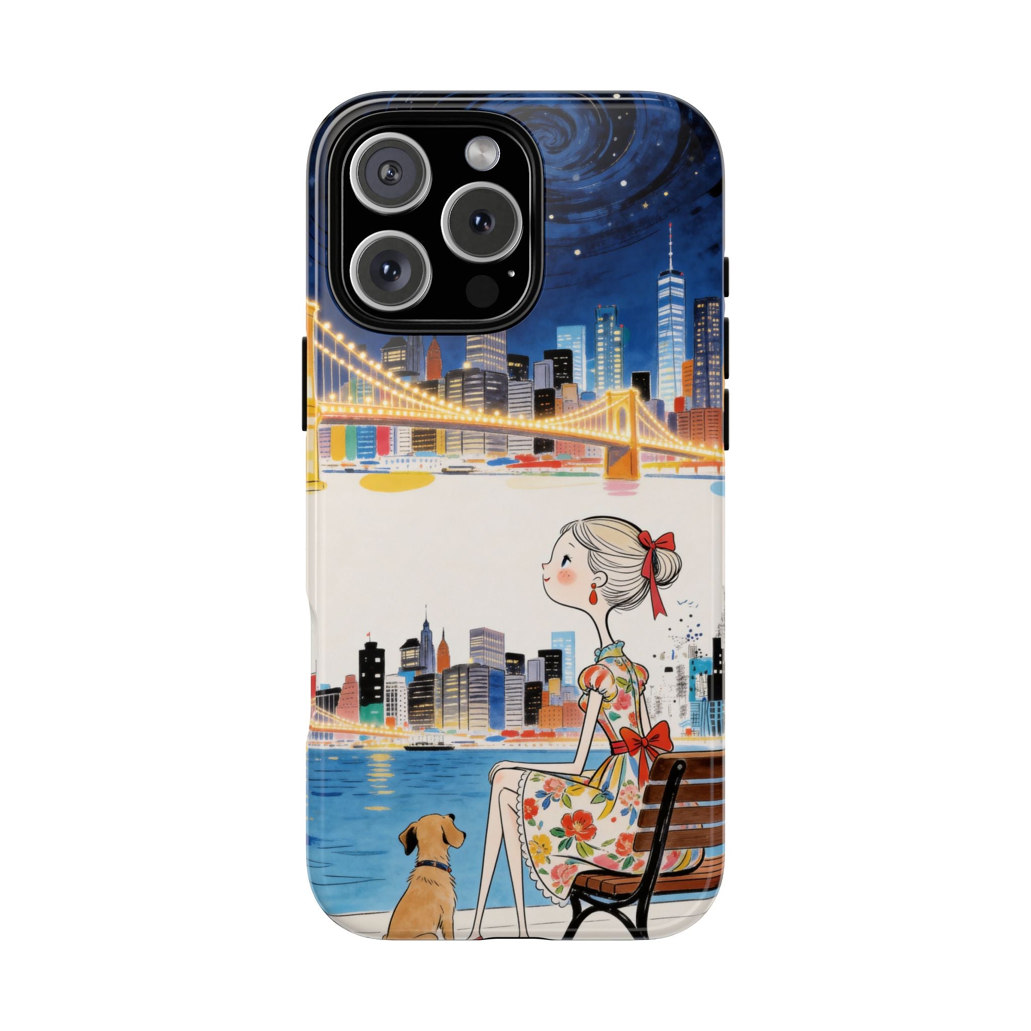City Night iPhone Case | Cute Girl & Dog Bench Illustration