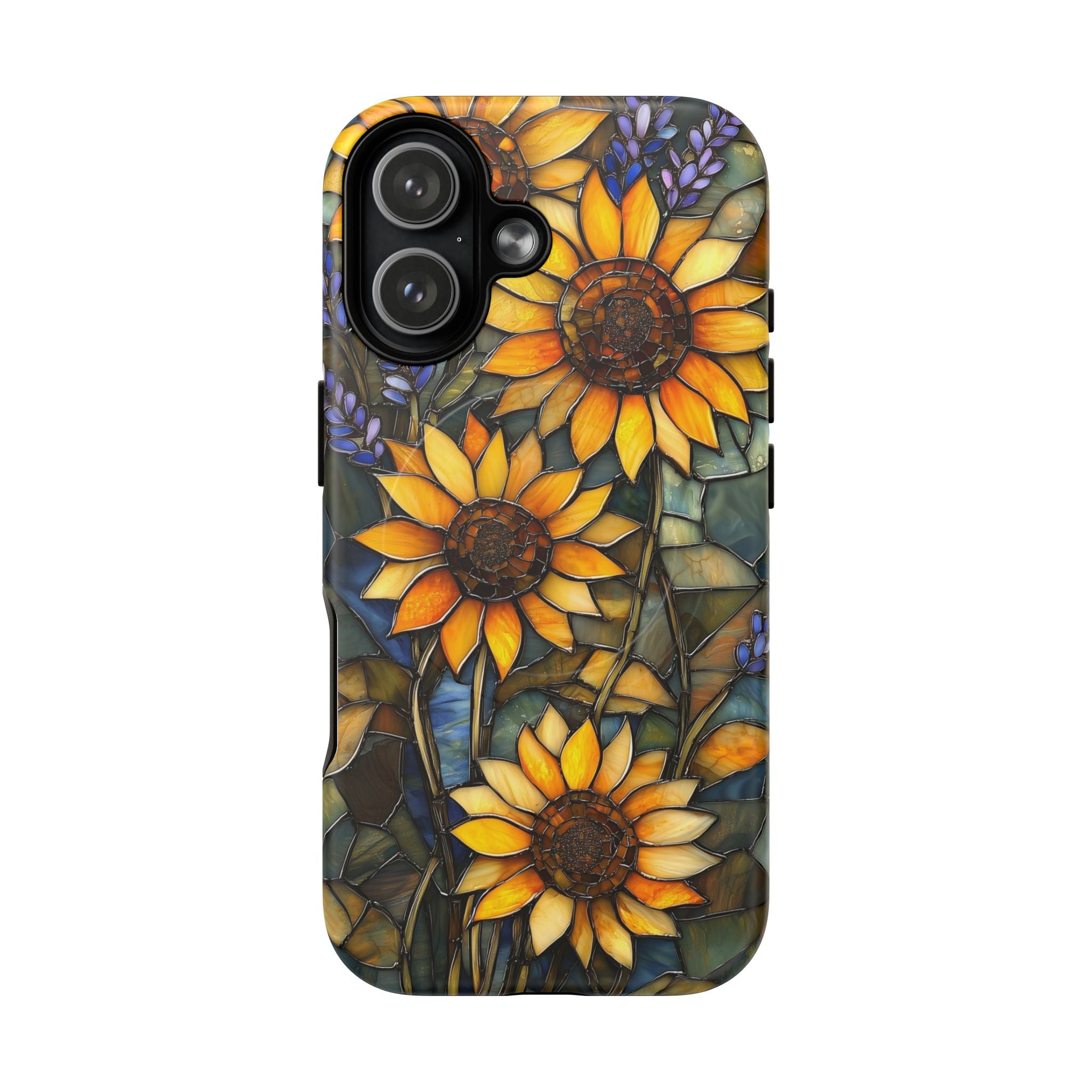 Custodia MagSafe resistente per iPhone con motivo a girasole in vetro colorato