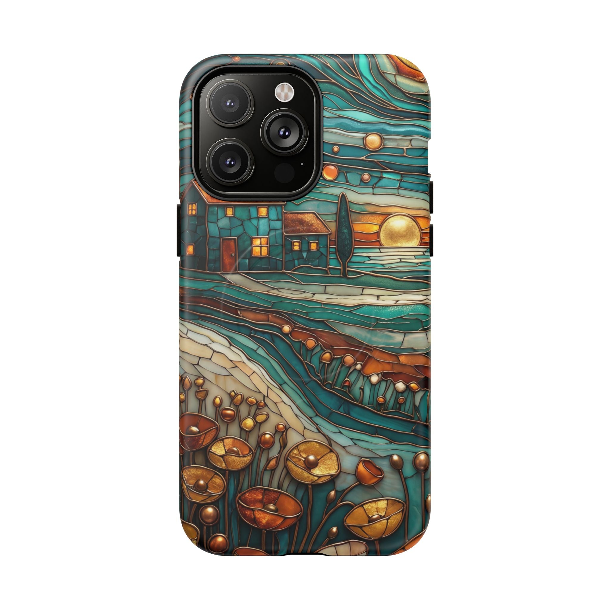 Custodia per telefono MagSafe resistente con paesaggio rustico al tramonto | Custodia protettiva artistica color verde acqua e rame