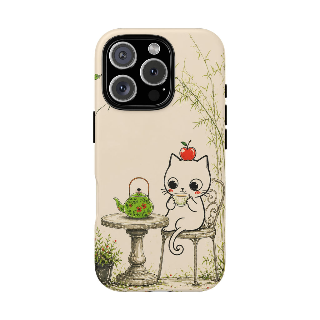 Cute Cat Tea Time iPhone Case | Kawaii Kitten with Apple Design