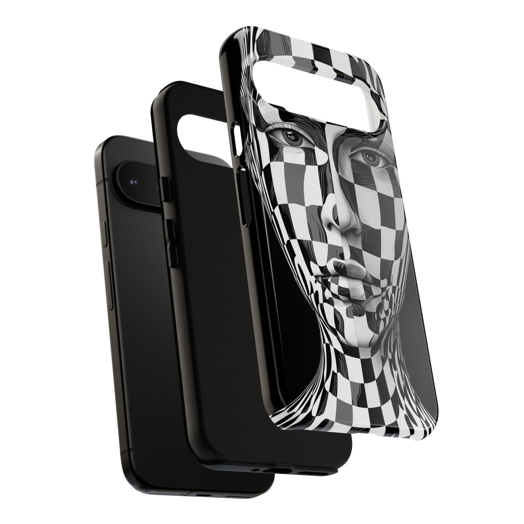 Checkerboard Face Tough Google Pixel Case — Black & White Surreal Art Protective Cover