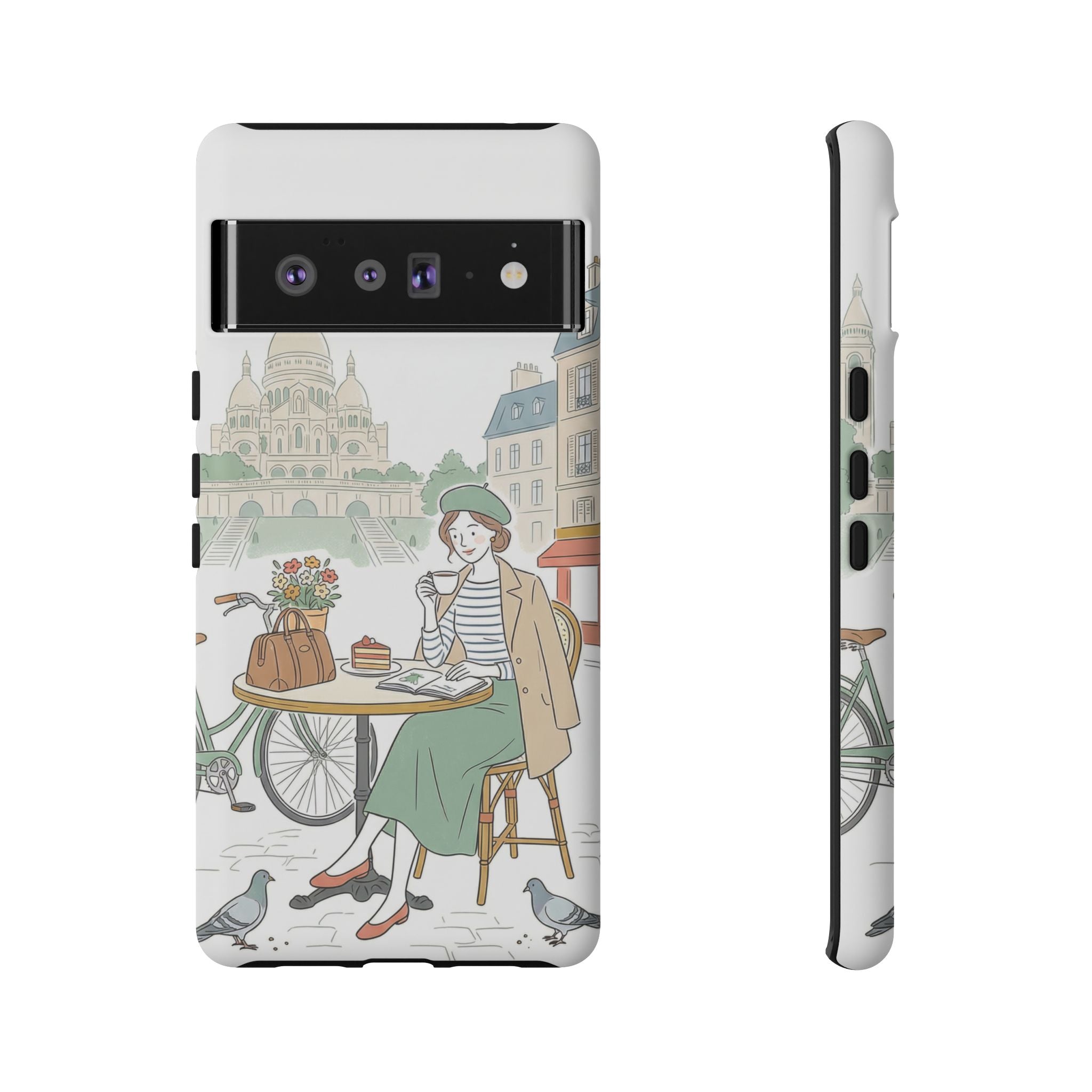 Paris Cafe Illustration Google Pixel Phone Case | Vintage Bicycles & Pigeons Protective Cover