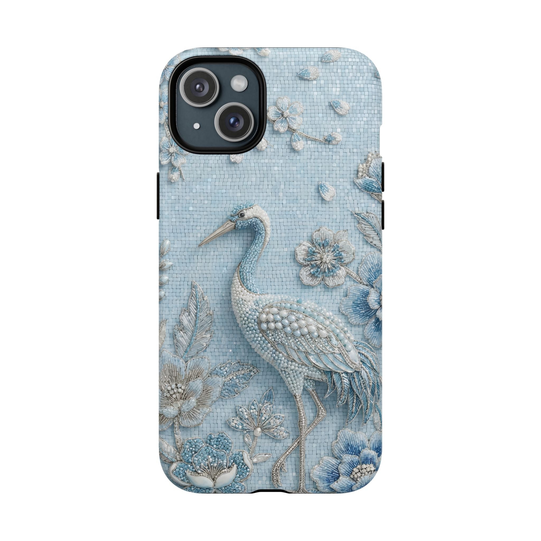 Blue Crane Floral MagSafe iPhone Case | Vintage Embossed Bird Design