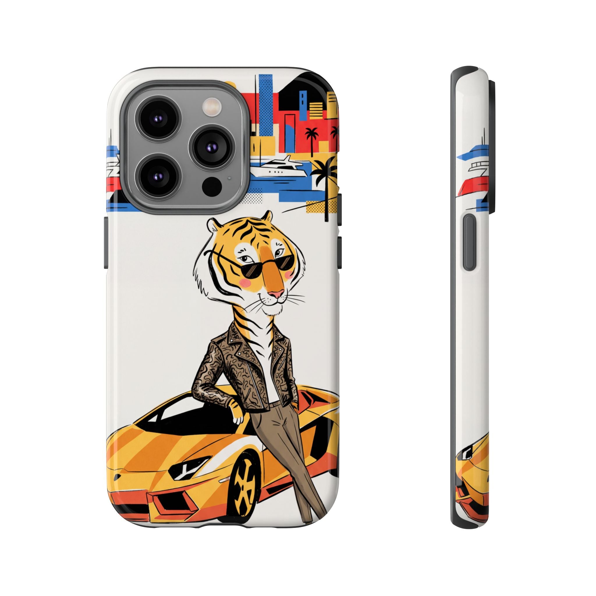 Stylish Tiger with Sports Car Illustration iPhone Case