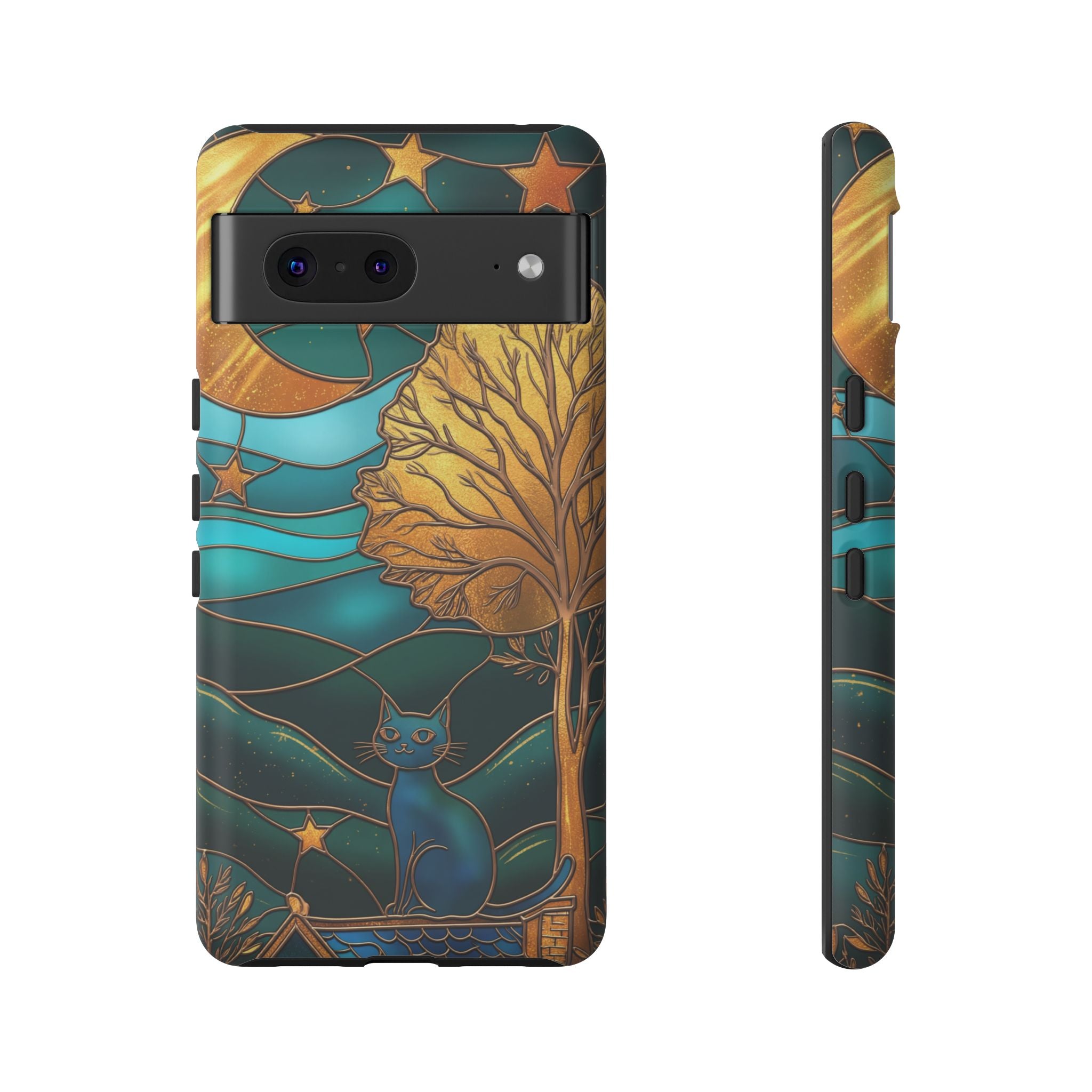 Stained Glass Night Cat Google Pixel Case | Teal & Gold Art Deco Protection
