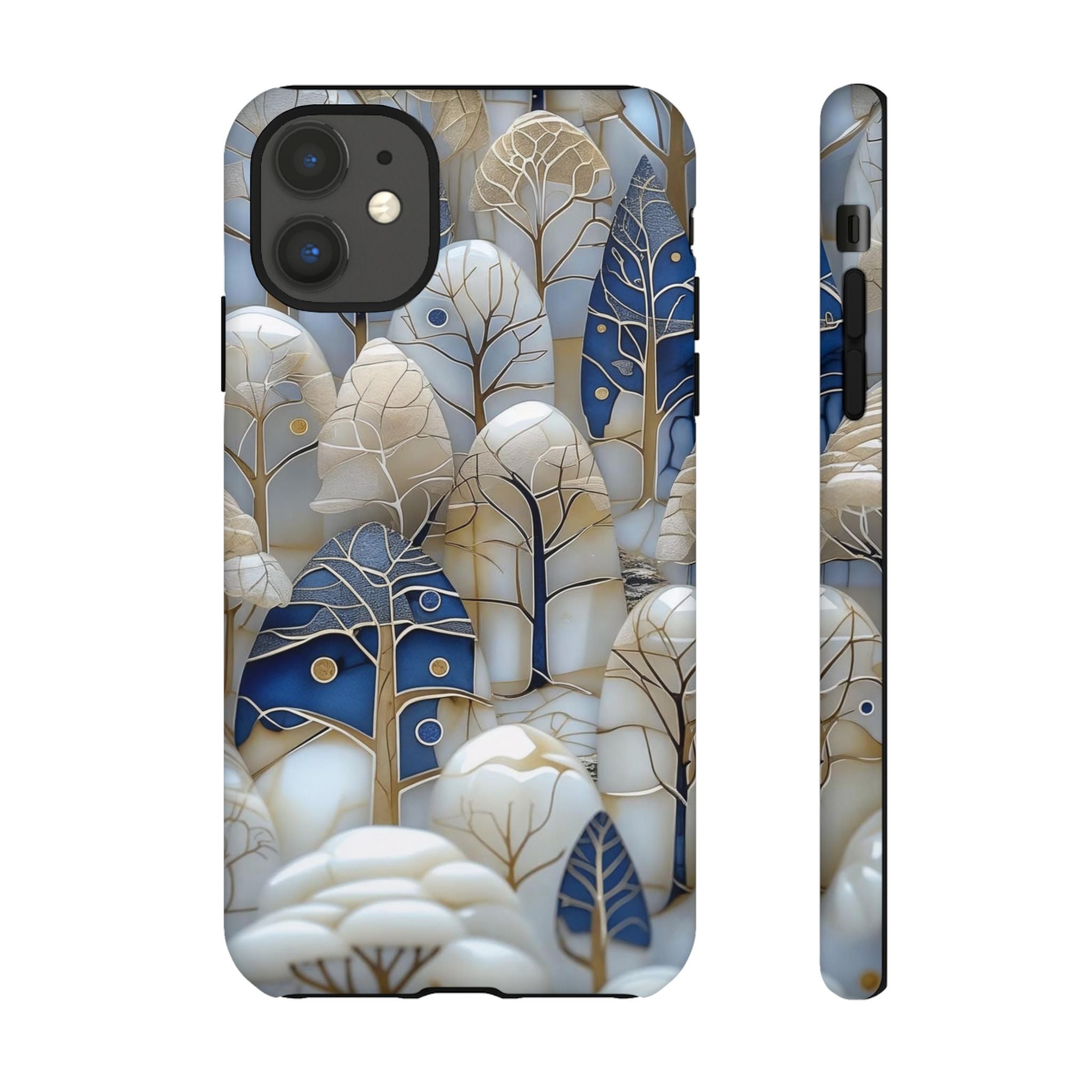 Blue Gold Winter Forest iPhone Case — Elegant Tree Pattern Tough Case