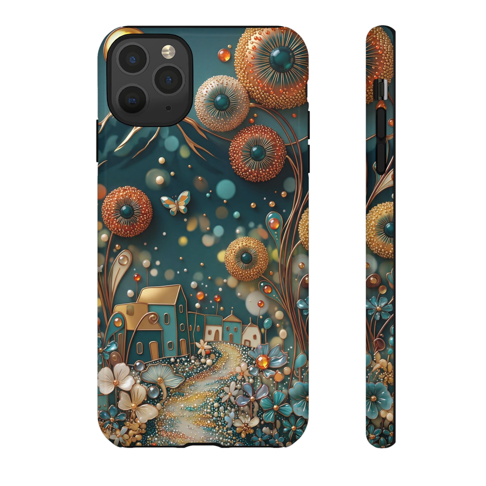 Whimsical Night Village iPhone Case | Floral Moonlit Art Tough Case