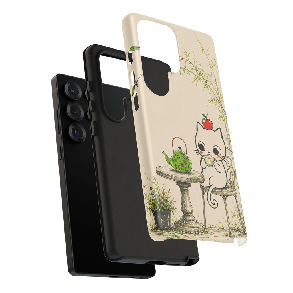 Cute Cat Tea Time Samsung Galaxy Phone Case | Kawaii Kitten with Apple Design