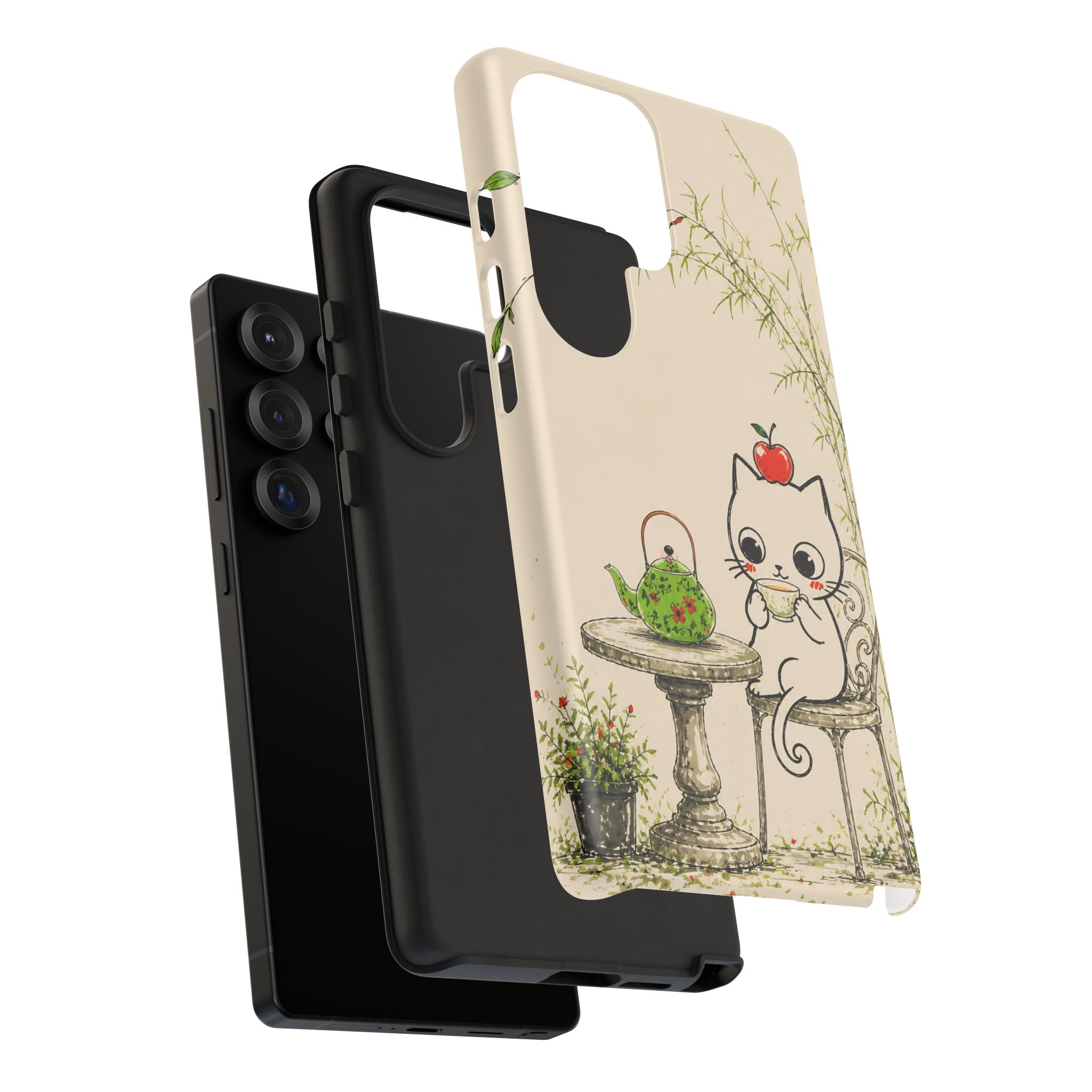 Cute Cat Tea Time Samsung Galaxy Phone Case | Kawaii Kitten with Apple Design