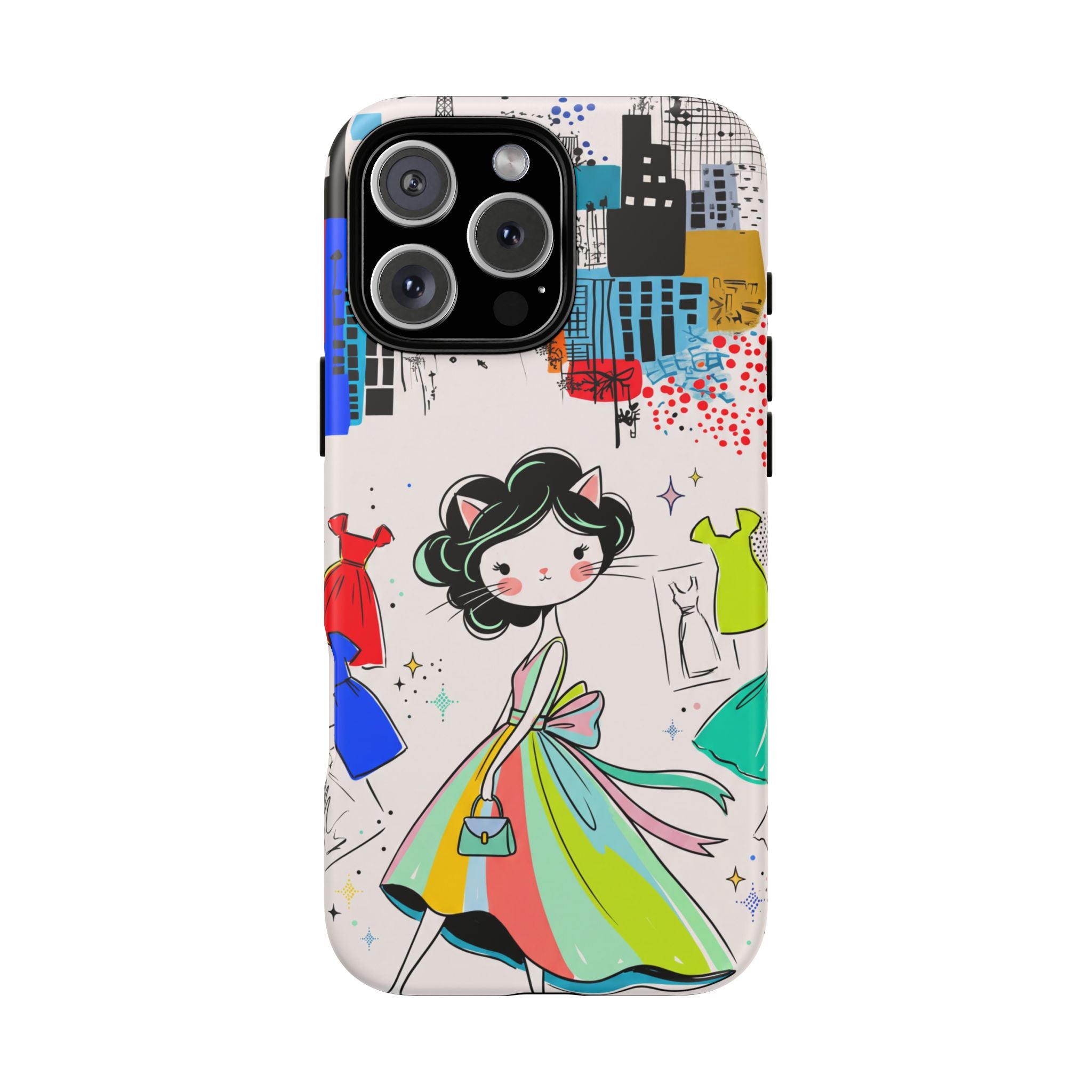 Retro Fashion Cat Girl iPhone Case | Cute Dress & City Print