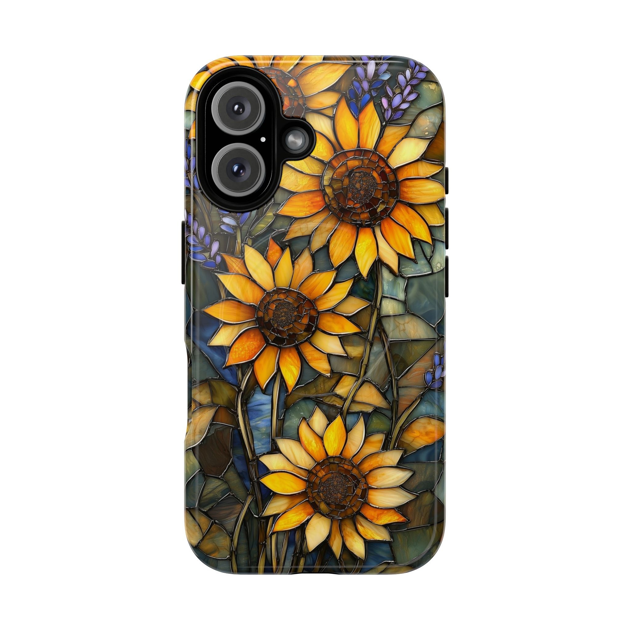 Custodia MagSafe resistente per iPhone con motivo a girasole in vetro colorato