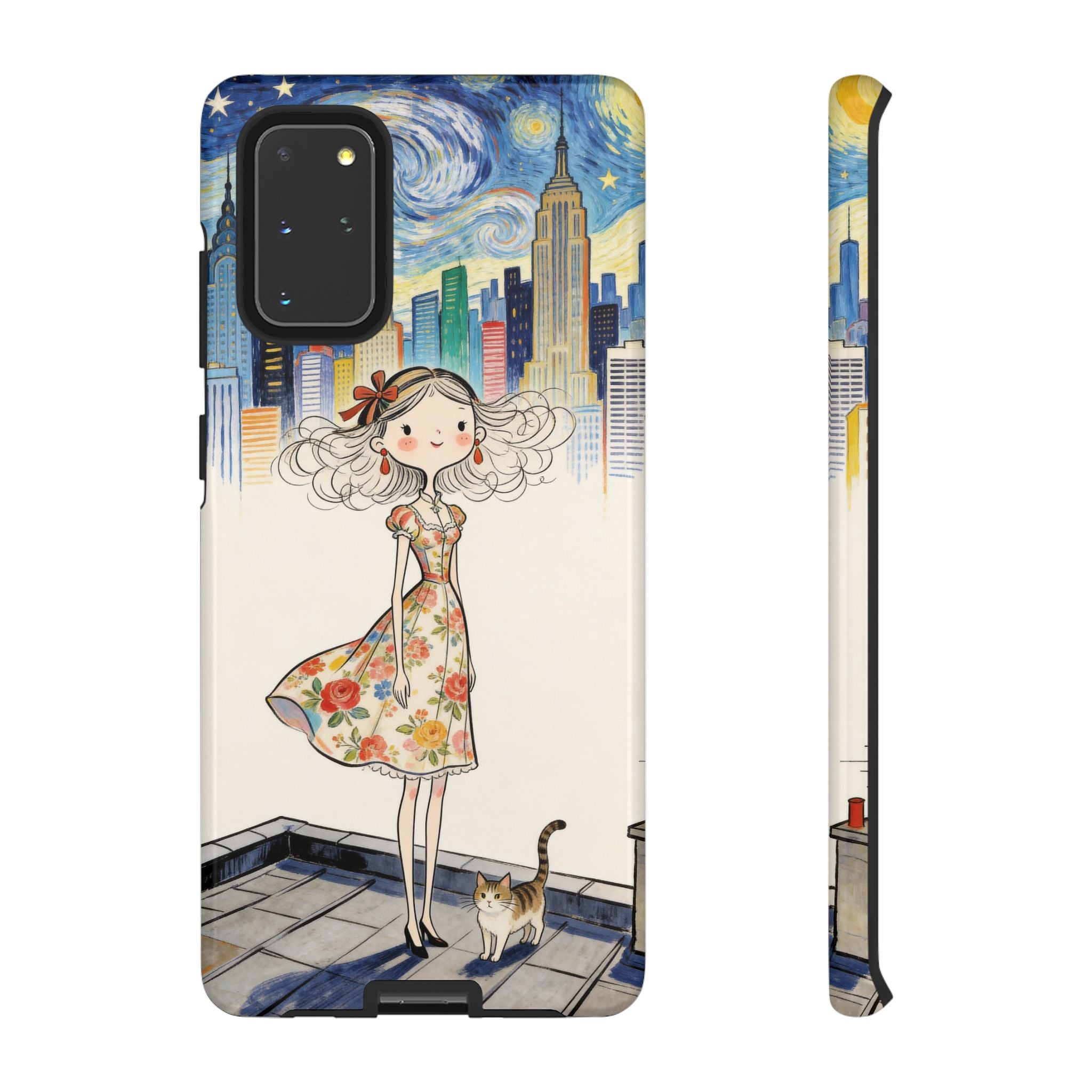Artistic Girl Cityscape Samsung Galaxy Phone Case | Cute Floral Dress Rooftop Design