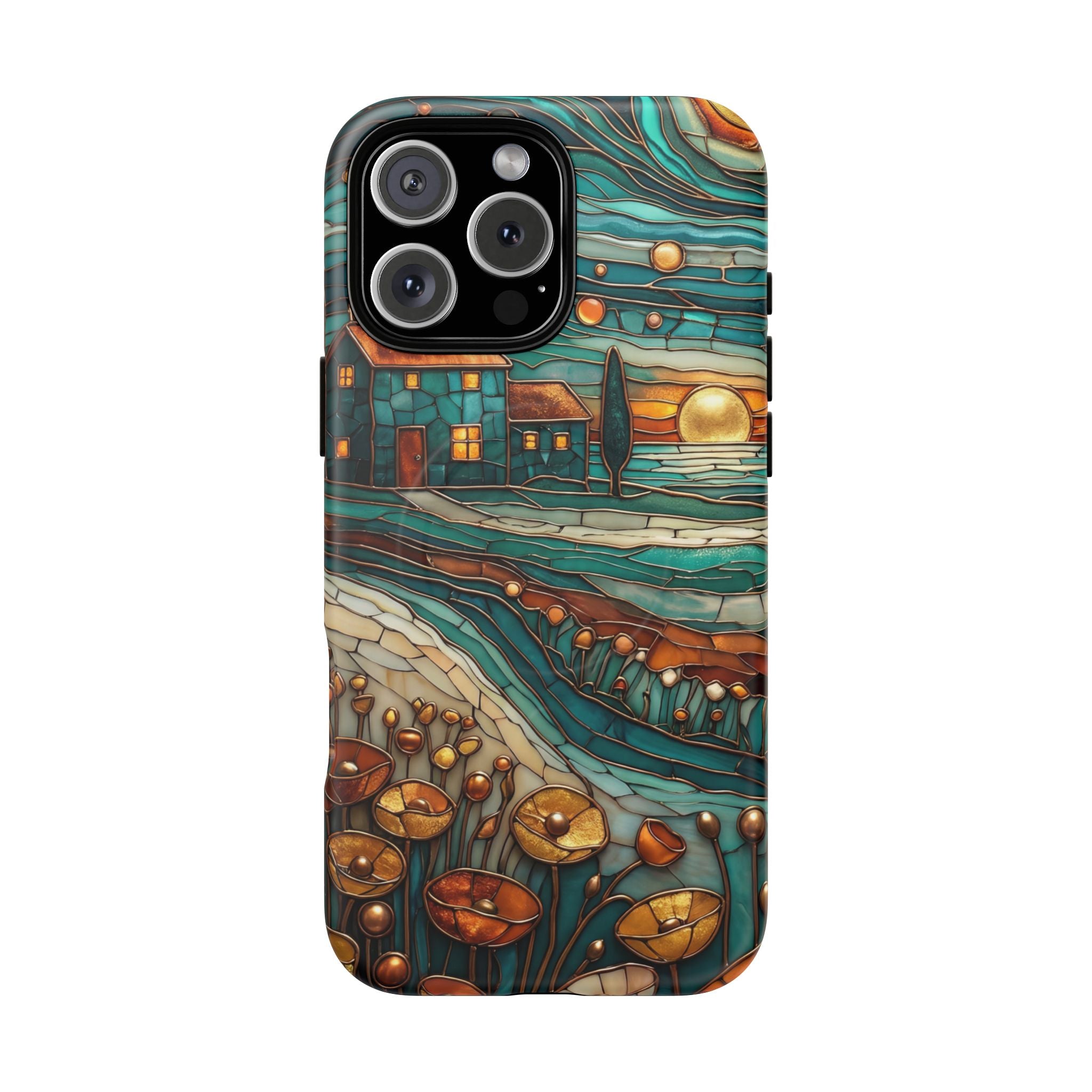 Custodia per telefono MagSafe resistente con paesaggio rustico al tramonto | Custodia protettiva artistica color verde acqua e rame