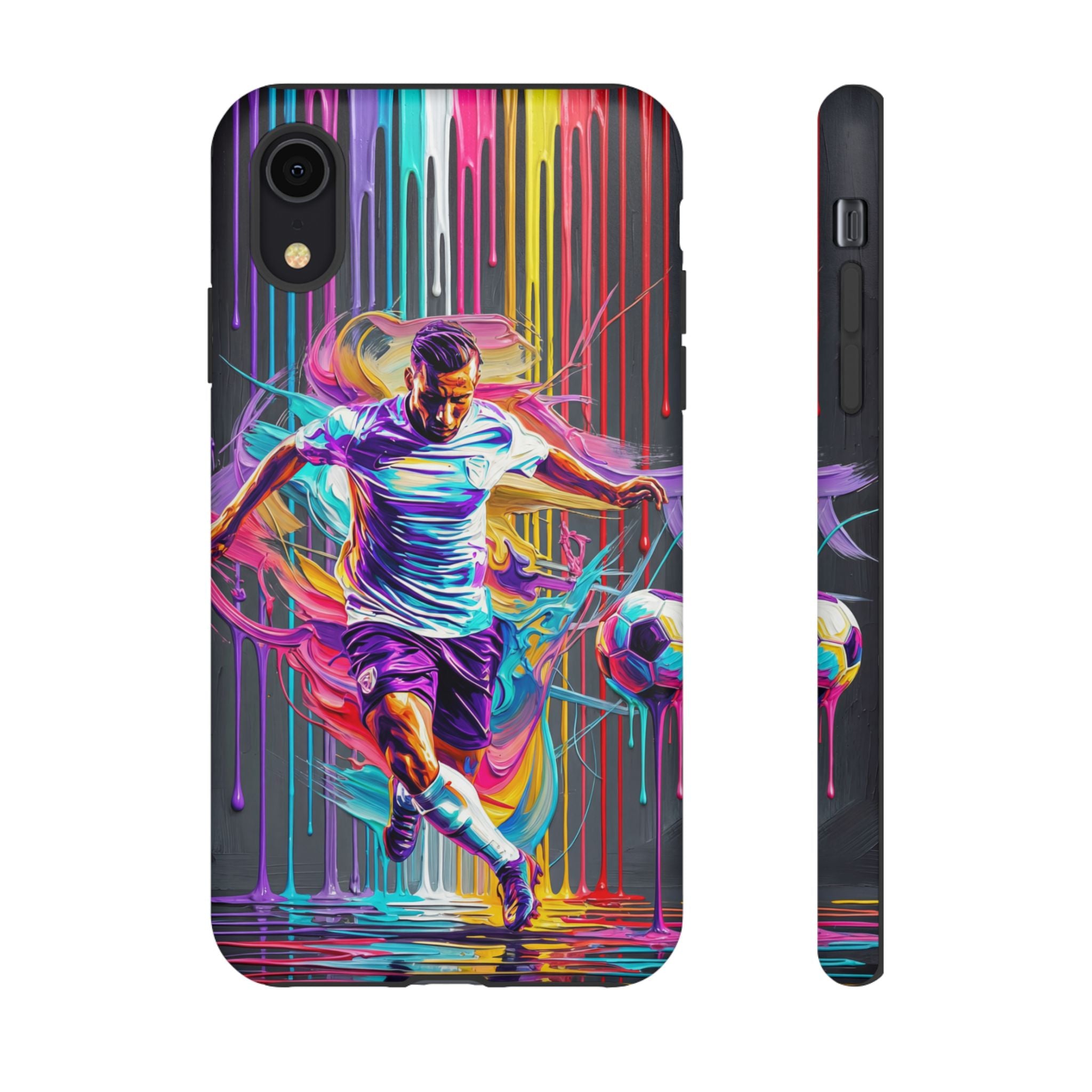 Soccer Player Neon Art iPhone Case | Vibrant Football Kick Protective Cover