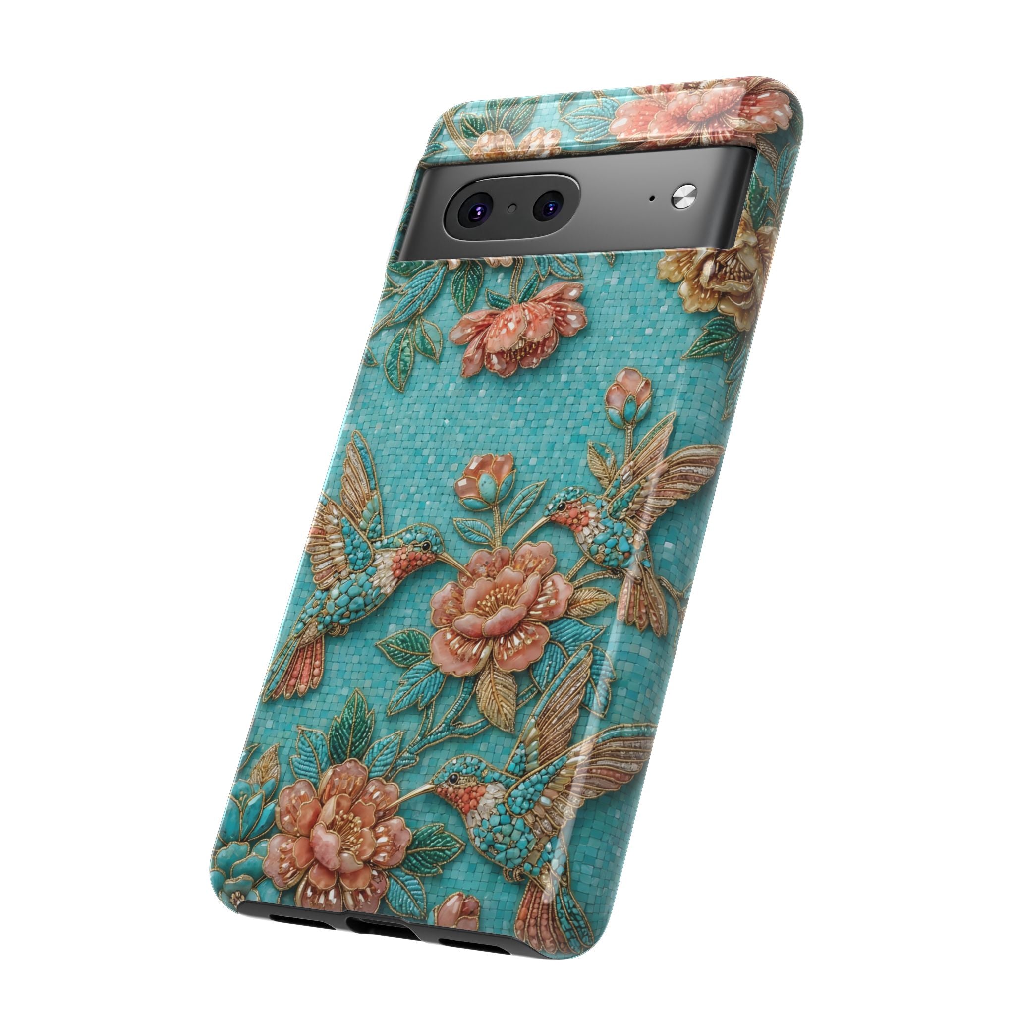 Floral Hummingbird Tough Google Pixel Phone Case | Turquoise Embroidered Garden Design