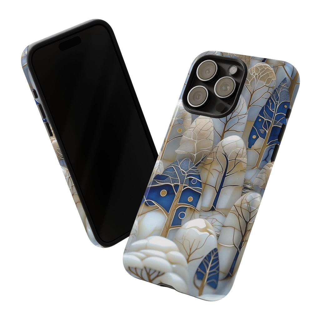 Blue Gold Winter Forest iPhone Case — Elegant Tree Pattern Tough Case